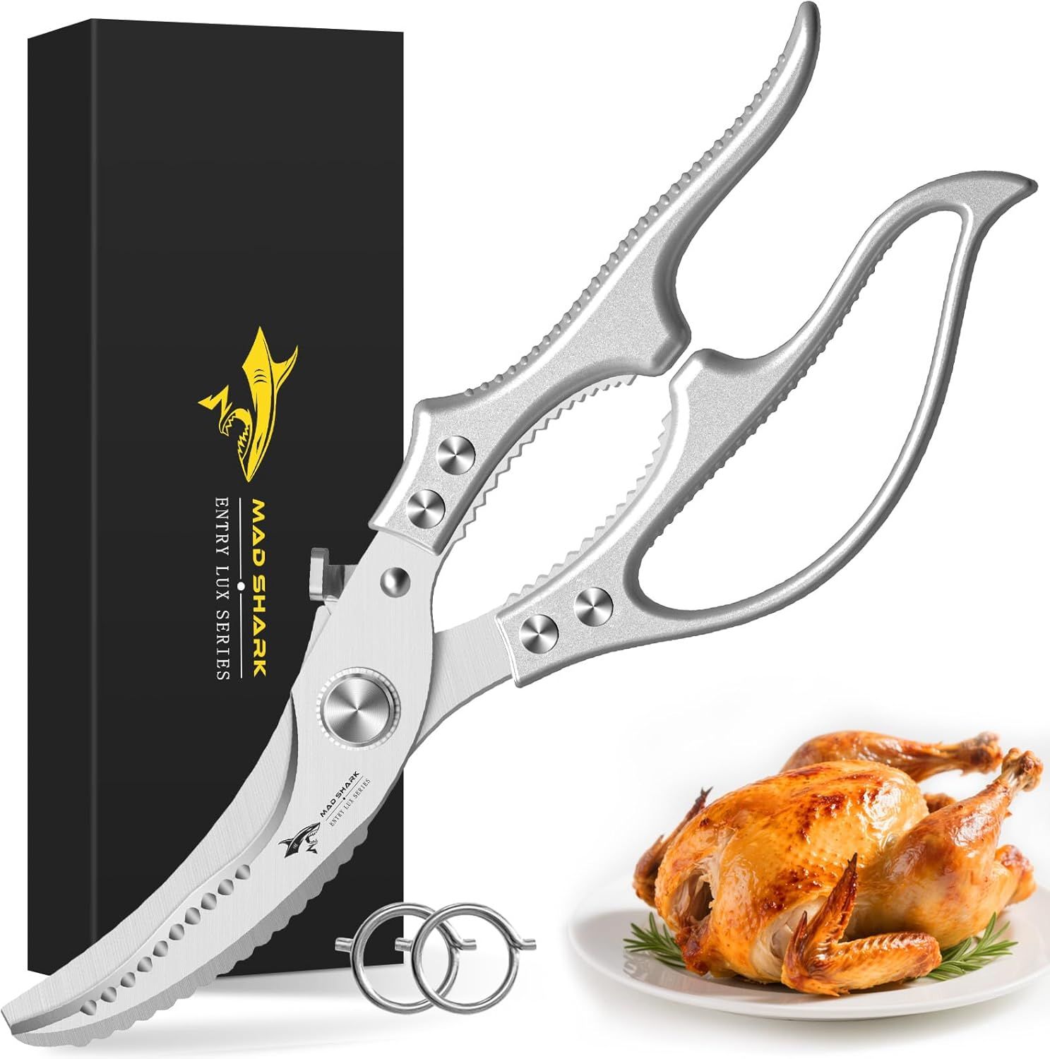 Heavy Duty Kitchen Shears, Poultry Scissors for Cutting Chicken Bones, German Stainless Steel, All-Metal Design, Spring-Loaded, Dishwasher Safe (Silver) - Image 1