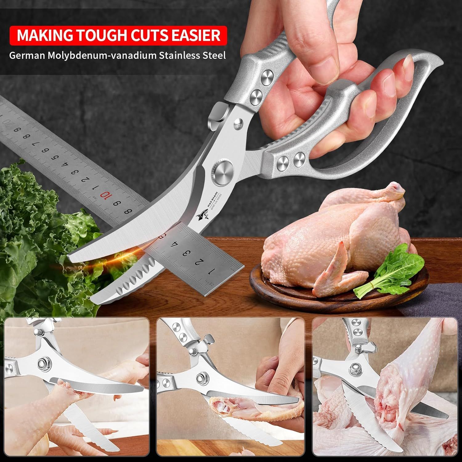Heavy Duty Kitchen Shears, Poultry Scissors for Cutting Chicken Bones, German Stainless Steel, All-Metal Design, Spring-Loaded, Dishwasher Safe (Silver) - Image 2