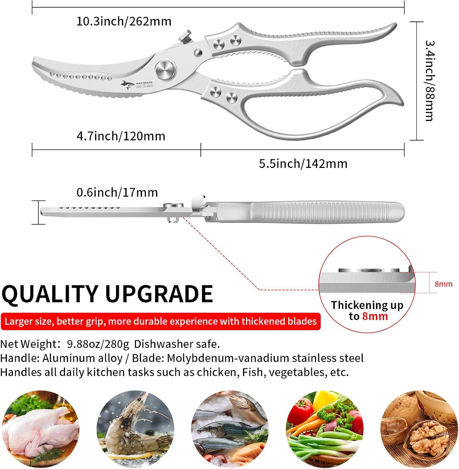 Heavy Duty Kitchen Shears, Poultry Scissors for Cutting Chicken Bones, German Stainless Steel, All-Metal Design, Spring-Loaded, Dishwasher Safe (Silver) - Image 3