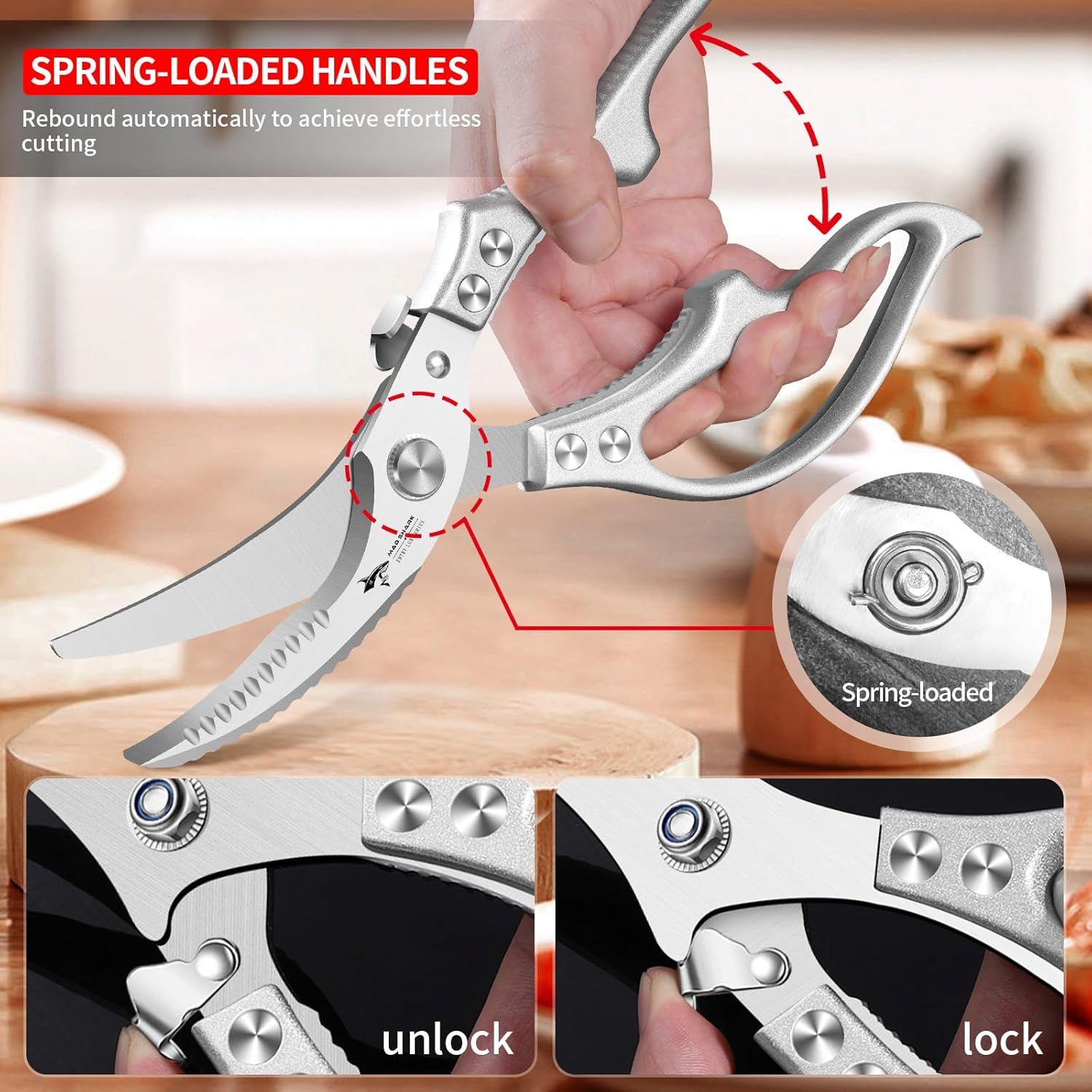 Heavy Duty Kitchen Shears, Poultry Scissors for Cutting Chicken Bones, German Stainless Steel, All-Metal Design, Spring-Loaded, Dishwasher Safe (Silver) - Image 4