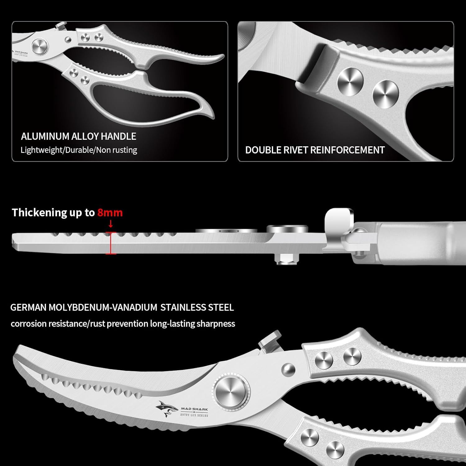 Heavy Duty Kitchen Shears, Poultry Scissors for Cutting Chicken Bones, German Stainless Steel, All-Metal Design, Spring-Loaded, Dishwasher Safe (Silver) - Image 6