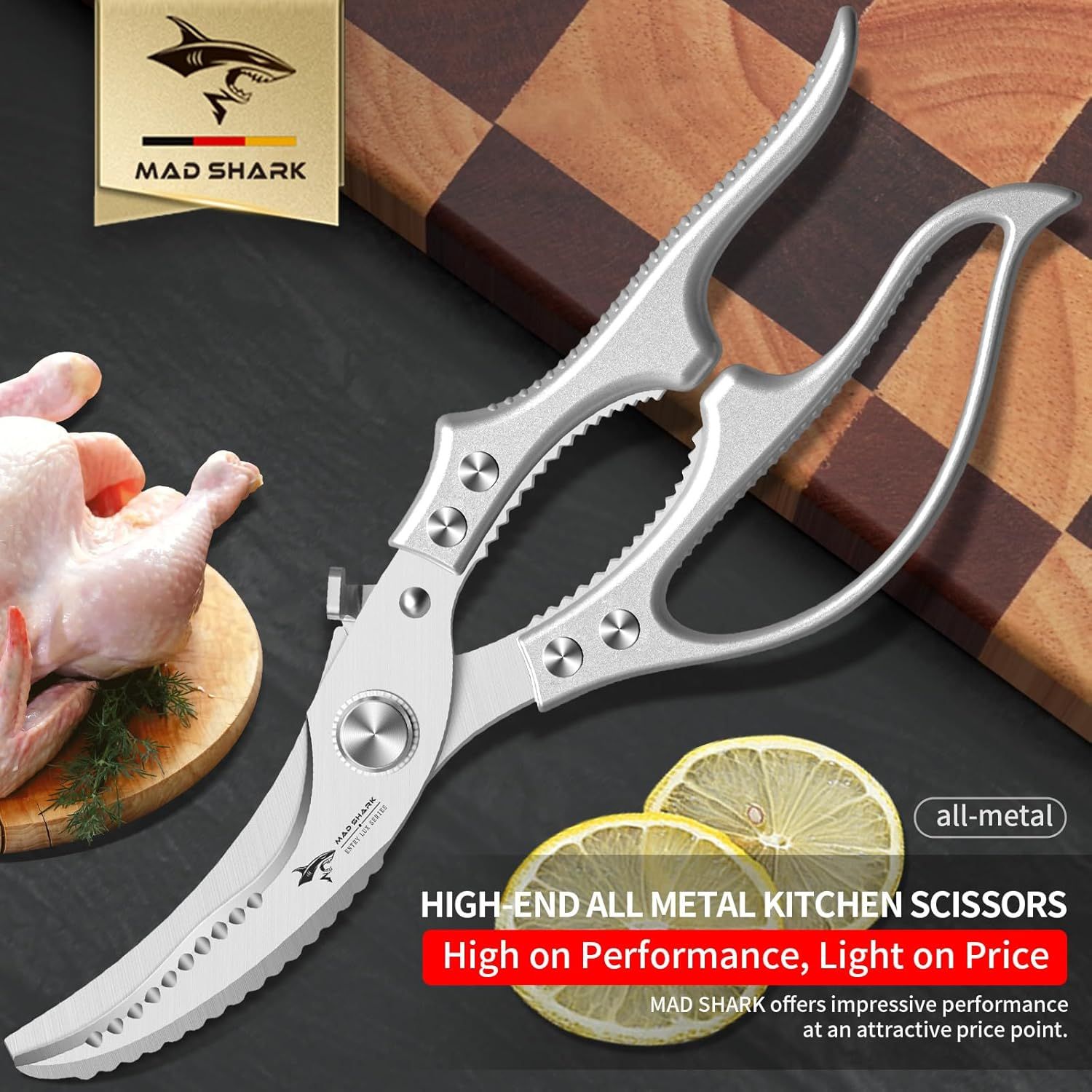 Heavy Duty Kitchen Shears, Poultry Scissors for Cutting Chicken Bones, German Stainless Steel, All-Metal Design, Spring-Loaded, Dishwasher Safe (Silver) - Image 8