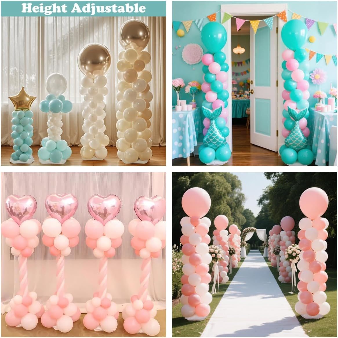 2Pcs Adjustable Metal Balloon Column Stand Kit with Water Base for Birthday Wedding Party Decoration, Reusable Telescopic Pole Set for DIY Balloon Garland Arch (Silver) - Image 3