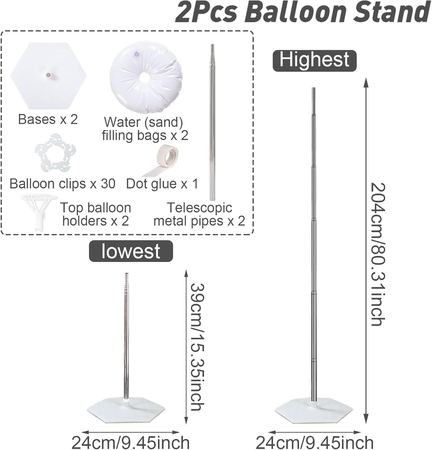2Pcs Adjustable Metal Balloon Column Stand Kit with Water Base for Birthday Wedding Party Decoration, Reusable Telescopic Pole Set for DIY Balloon Garland Arch (Silver) - Image 5