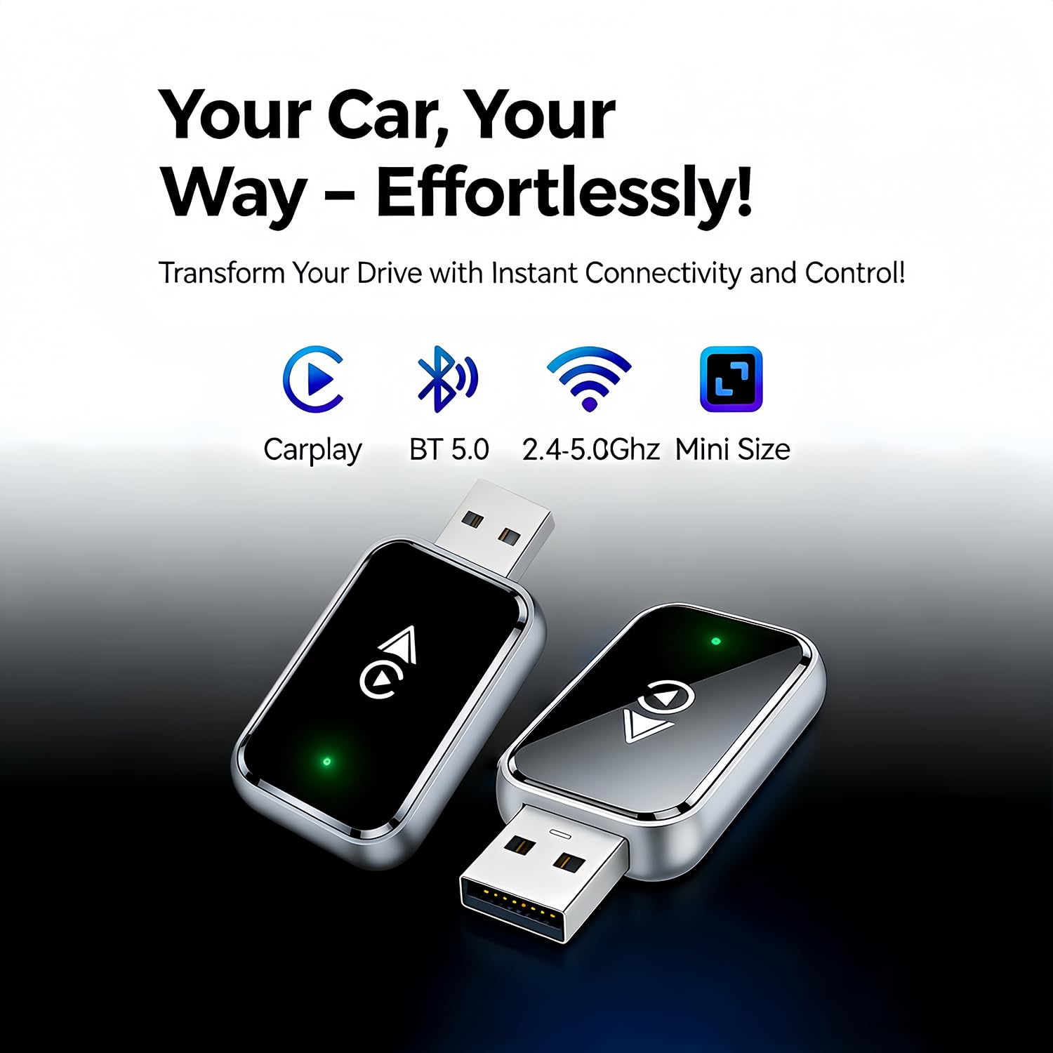 Wireless CarPlay Adapter 2-in-1 for iPhone & Android – Bluetooth 5.0 USB Dongle with OTA Update and Voice Control (Black) - Image 2