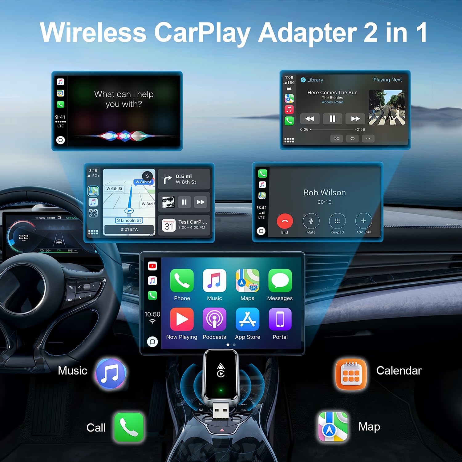 Wireless CarPlay Adapter 2-in-1 for iPhone & Android – Bluetooth 5.0 USB Dongle with OTA Update and Voice Control (Black) - Image 3