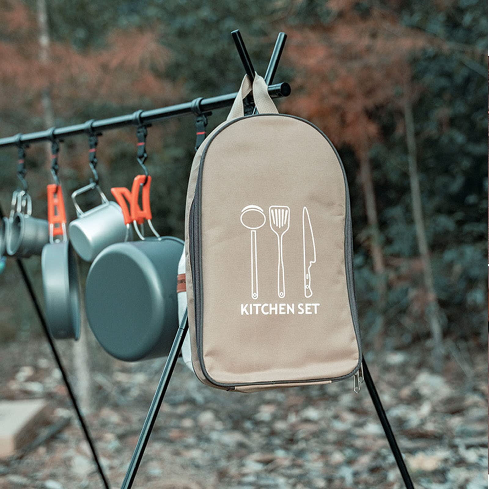 Multi-Functional Outdoor Kitchen Utensil Organizer – Durable Travel Storage Bag with Elastic Straps, Mesh Pockets & Carry Handle, Compact Size (Khaki) - Image 4