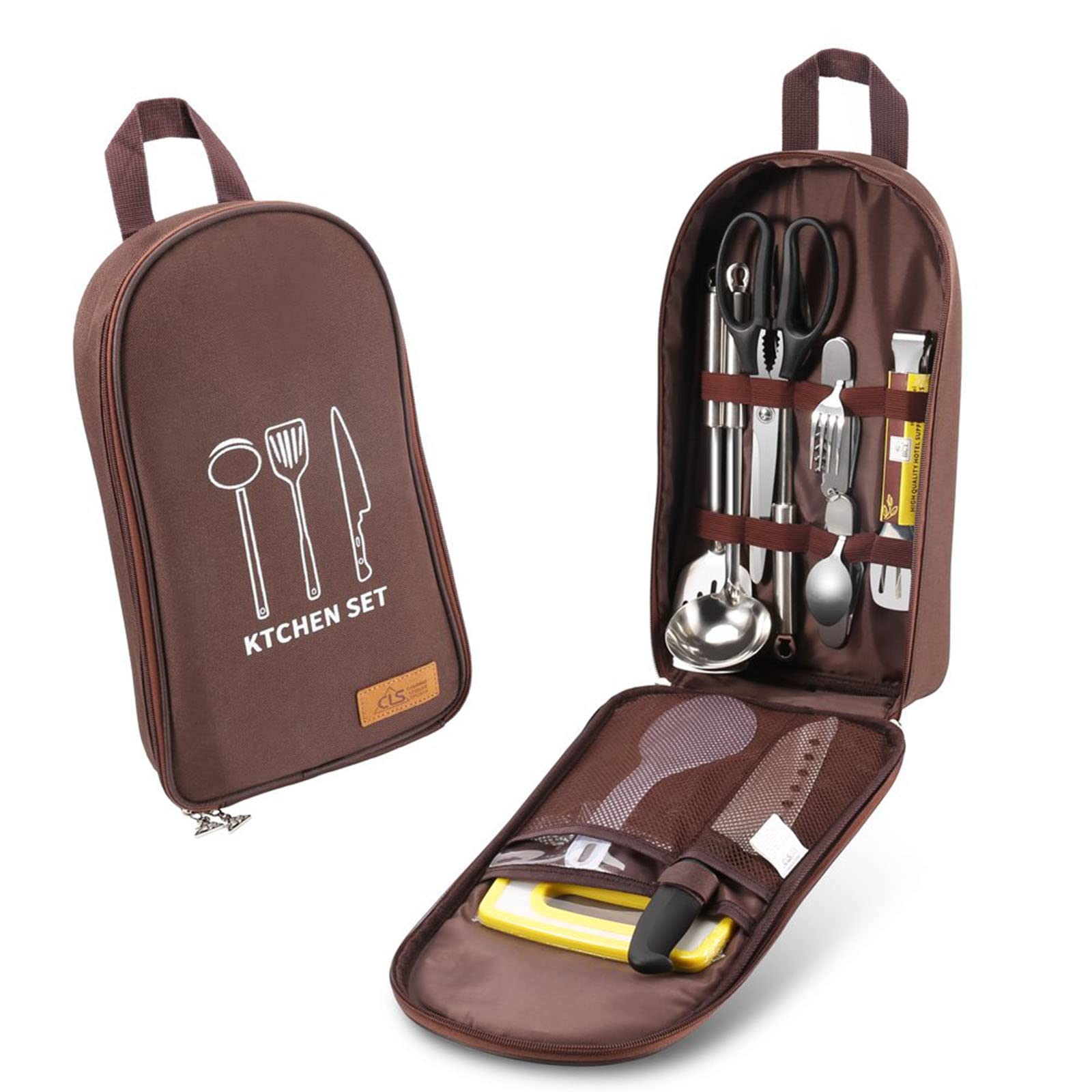 Multi-Functional Outdoor Kitchen Utensil Organizer – Durable Travel Storage Bag with Elastic Straps, Mesh Pockets & Carry Handle, Compact Size (Brown) - Image 1