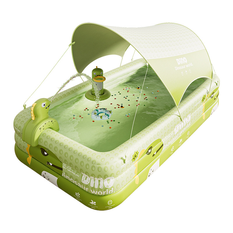 Inflatable Swimming Pool 210×140×56cm with Canopy & Dinosaur Spray – Kids Outdoor Water Play Set for Backyard, Garden, Summer Fun (Green) - Image 1