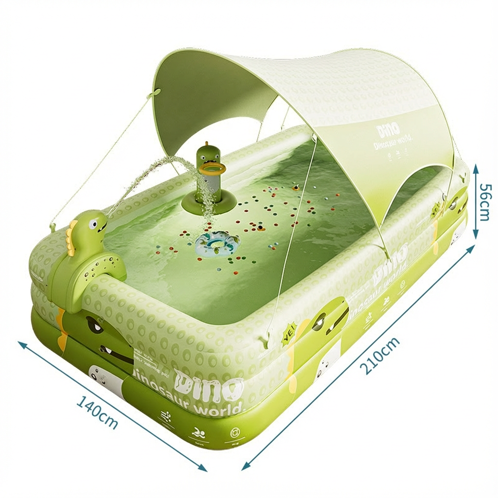 Inflatable Swimming Pool 210×140×56cm with Canopy & Dinosaur Spray – Kids Outdoor Water Play Set for Backyard, Garden, Summer Fun (Green) - Image 2