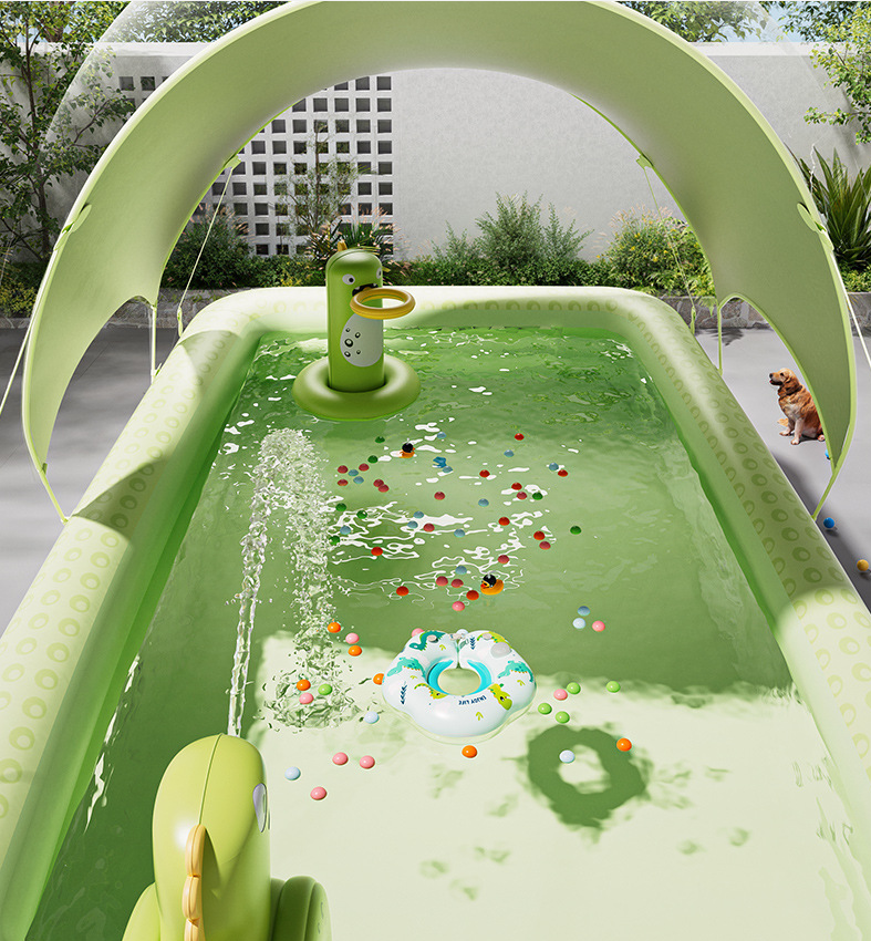 Inflatable Swimming Pool 210×140×56cm with Canopy & Dinosaur Spray – Kids Outdoor Water Play Set for Backyard, Garden, Summer Fun (Green) - Image 3