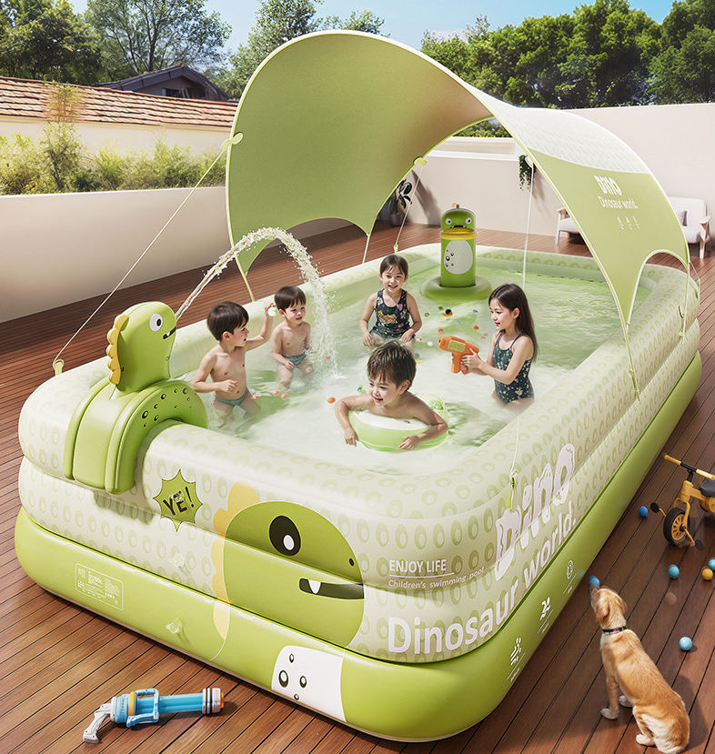 Inflatable Swimming Pool 210×140×56cm with Canopy & Dinosaur Spray – Kids Outdoor Water Play Set for Backyard, Garden, Summer Fun (Green) - Image 8