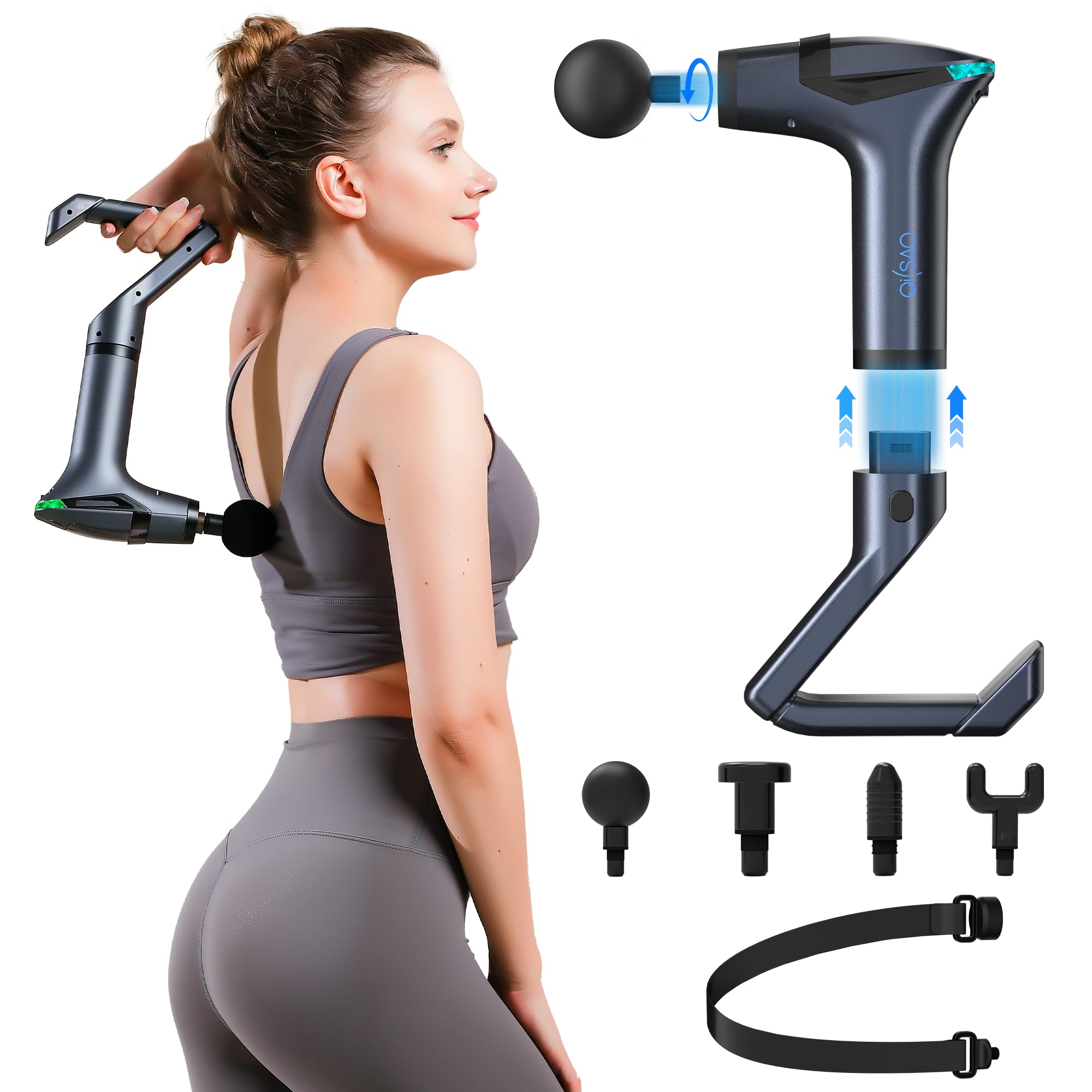 Black 3-in-1 Massage Gun with Extendable Handle & Back Strap – 12-Speed Deep Tissue Muscle Massager, 4 Attachments, USB-C Charging, for Athletes, Gym Recovery & Seniors - Image 1