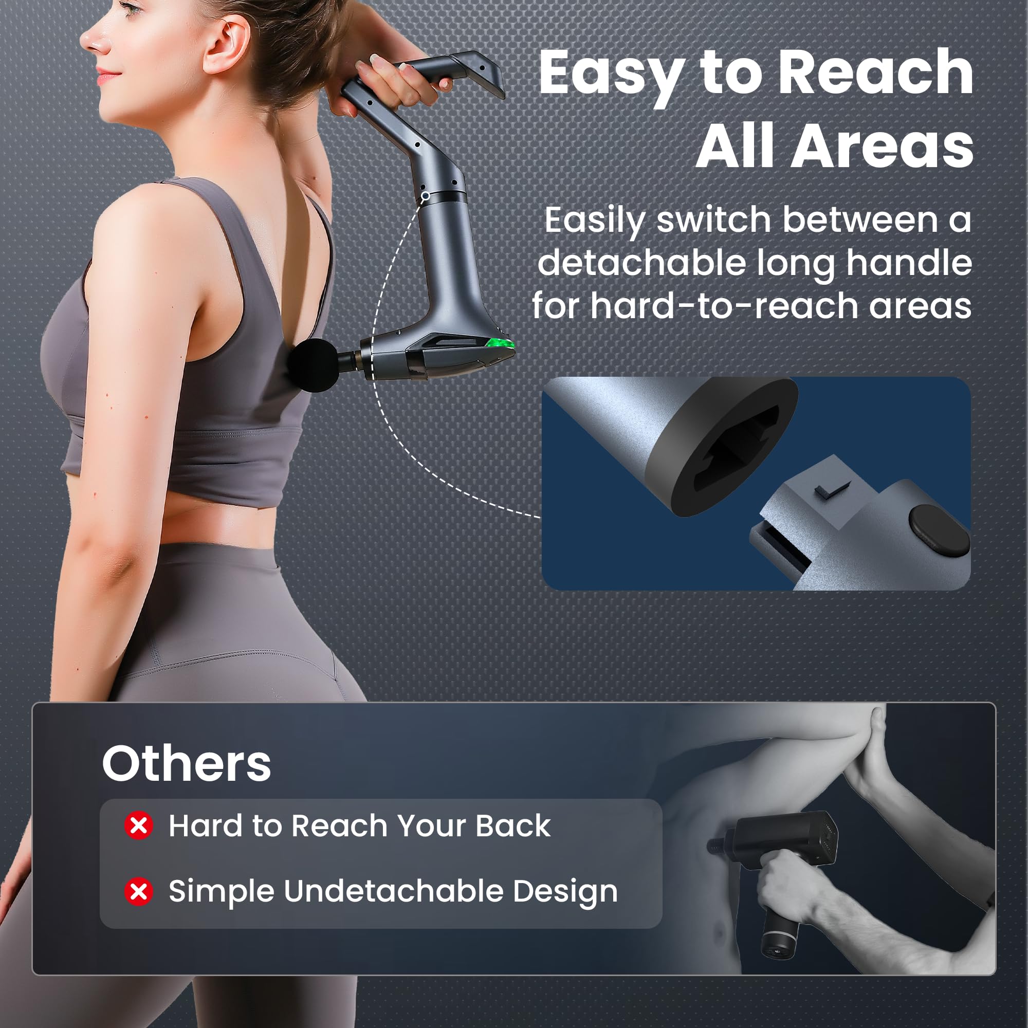Black 3-in-1 Massage Gun with Extendable Handle & Back Strap – 12-Speed Deep Tissue Muscle Massager, 4 Attachments, USB-C Charging, for Athletes, Gym Recovery & Seniors - Image 3