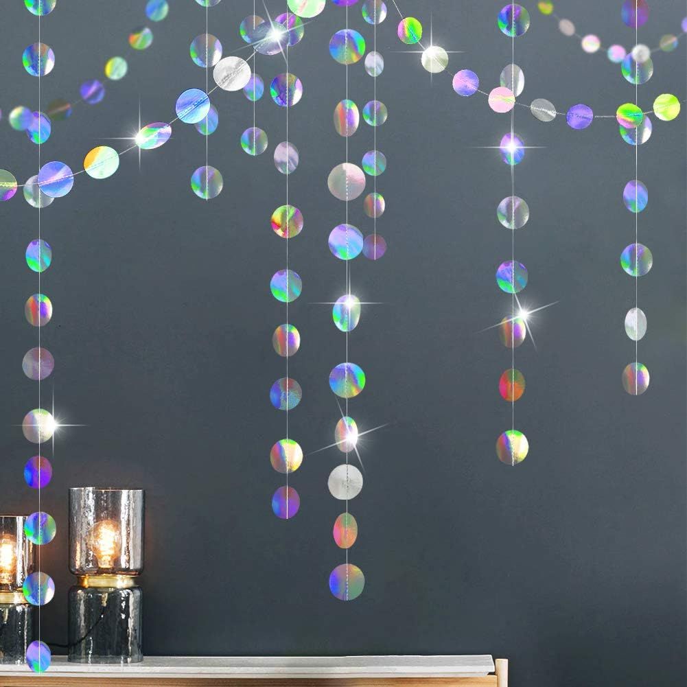 4-Pack Iridescent Circle Garlands, Holographic Party Decorations for Birthday, Wedding, Disco Theme, Graduation, New Year's Eve, Bachelorette Party Supplies (Colour) - Image 1