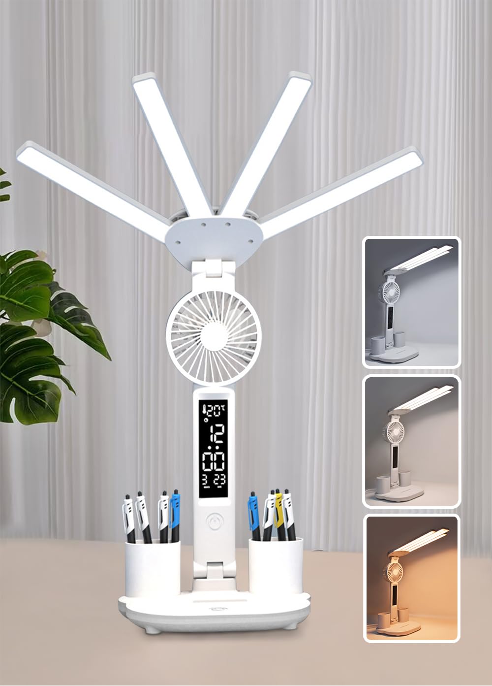4-Arm Foldable LED Desk Lamp with Built-in Fan, Digital Clock, Temp Display & Dual Pen Holders – 3-Color Lighting, Infinite Dimming, USB-C Charging, Eye-Caring Light for Study, Work, Reading; Compact & Modern Design (White) - Image 1