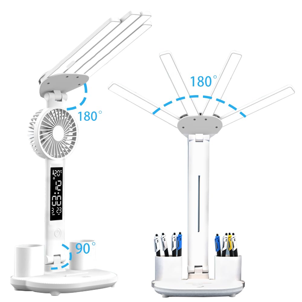 4-Arm Foldable LED Desk Lamp with Built-in Fan, Digital Clock, Temp Display & Dual Pen Holders – 3-Color Lighting, Infinite Dimming, USB-C Charging, Eye-Caring Light for Study, Work, Reading; Compact & Modern Design (White) - Image 2