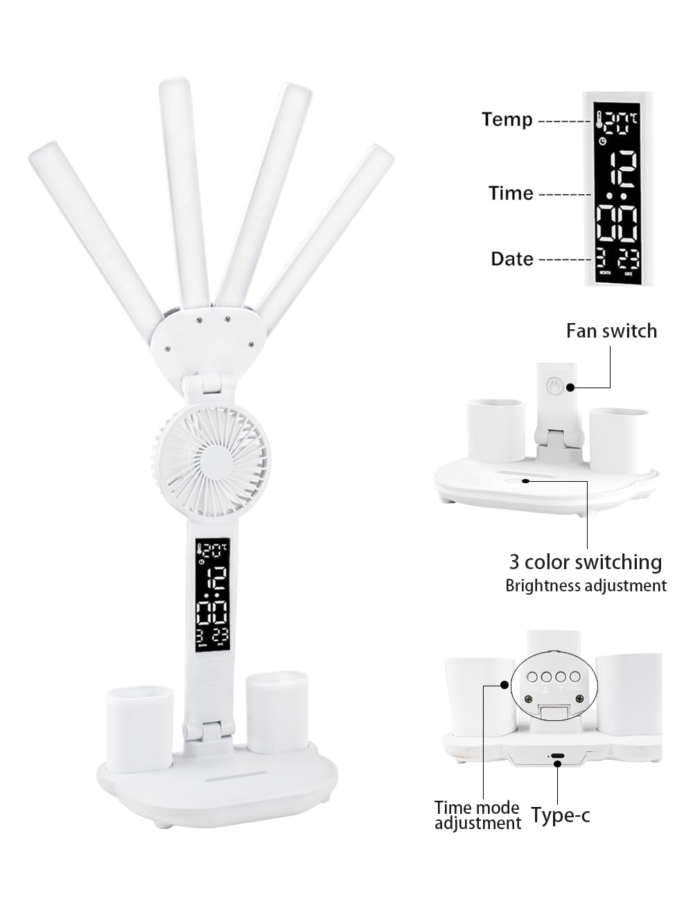 4-Arm Foldable LED Desk Lamp with Built-in Fan, Digital Clock, Temp Display & Dual Pen Holders – 3-Color Lighting, Infinite Dimming, USB-C Charging, Eye-Caring Light for Study, Work, Reading; Compact & Modern Design (White) - Image 3