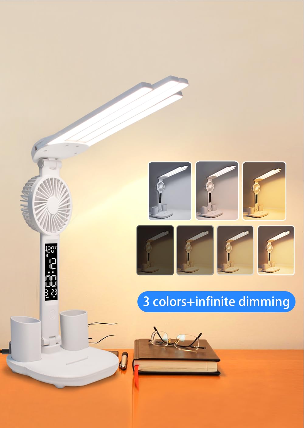 4-Arm Foldable LED Desk Lamp with Built-in Fan, Digital Clock, Temp Display & Dual Pen Holders – 3-Color Lighting, Infinite Dimming, USB-C Charging, Eye-Caring Light for Study, Work, Reading; Compact & Modern Design (White) - Image 4