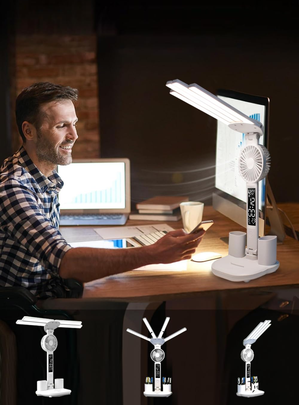 4-Arm Foldable LED Desk Lamp with Built-in Fan, Digital Clock, Temp Display & Dual Pen Holders – 3-Color Lighting, Infinite Dimming, USB-C Charging, Eye-Caring Light for Study, Work, Reading; Compact & Modern Design (White) - Image 5
