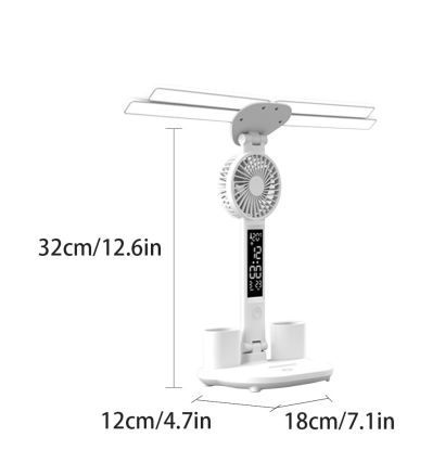 4-Arm Foldable LED Desk Lamp with Built-in Fan, Digital Clock, Temp Display & Dual Pen Holders – 3-Color Lighting, Infinite Dimming, USB-C Charging, Eye-Caring Light for Study, Work, Reading; Compact & Modern Design (White) - Image 6