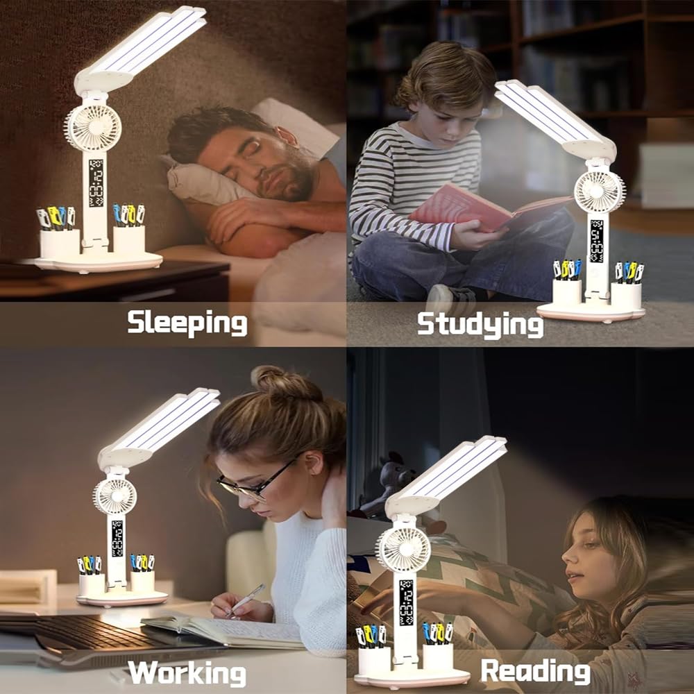 4-Arm Foldable LED Desk Lamp with Built-in Fan, Digital Clock, Temp Display & Dual Pen Holders – 3-Color Lighting, Infinite Dimming, USB-C Charging, Eye-Caring Light for Study, Work, Reading; Compact & Modern Design (White) - Image 7