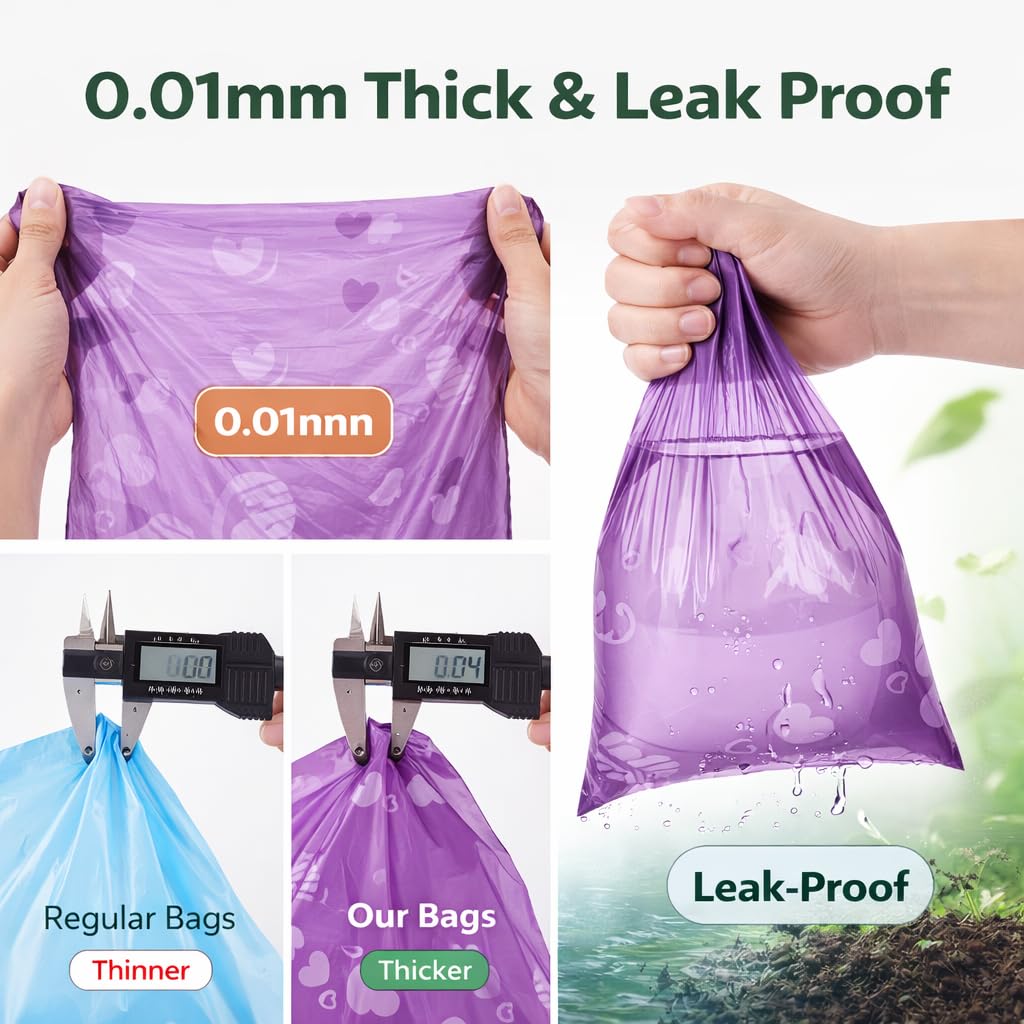 Dog Poop Bags with Dispenser – 300 Count, Leak-Proof, Strawberry Scented, Large Size for All Dogs, Biodegradable & Durable (Purple) - Image 3
