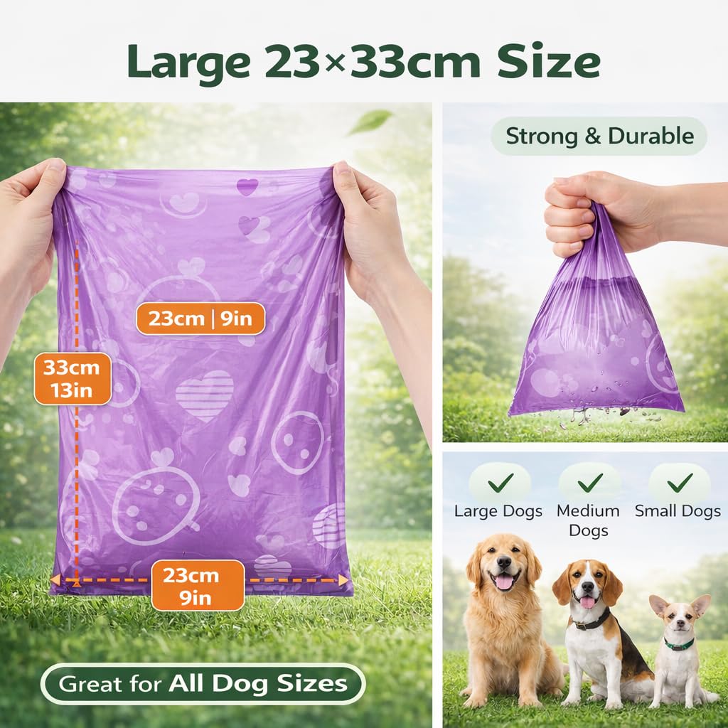 Dog Poop Bags with Dispenser – 300 Count, Leak-Proof, Strawberry Scented, Large Size for All Dogs, Biodegradable & Durable (Purple) - Image 4