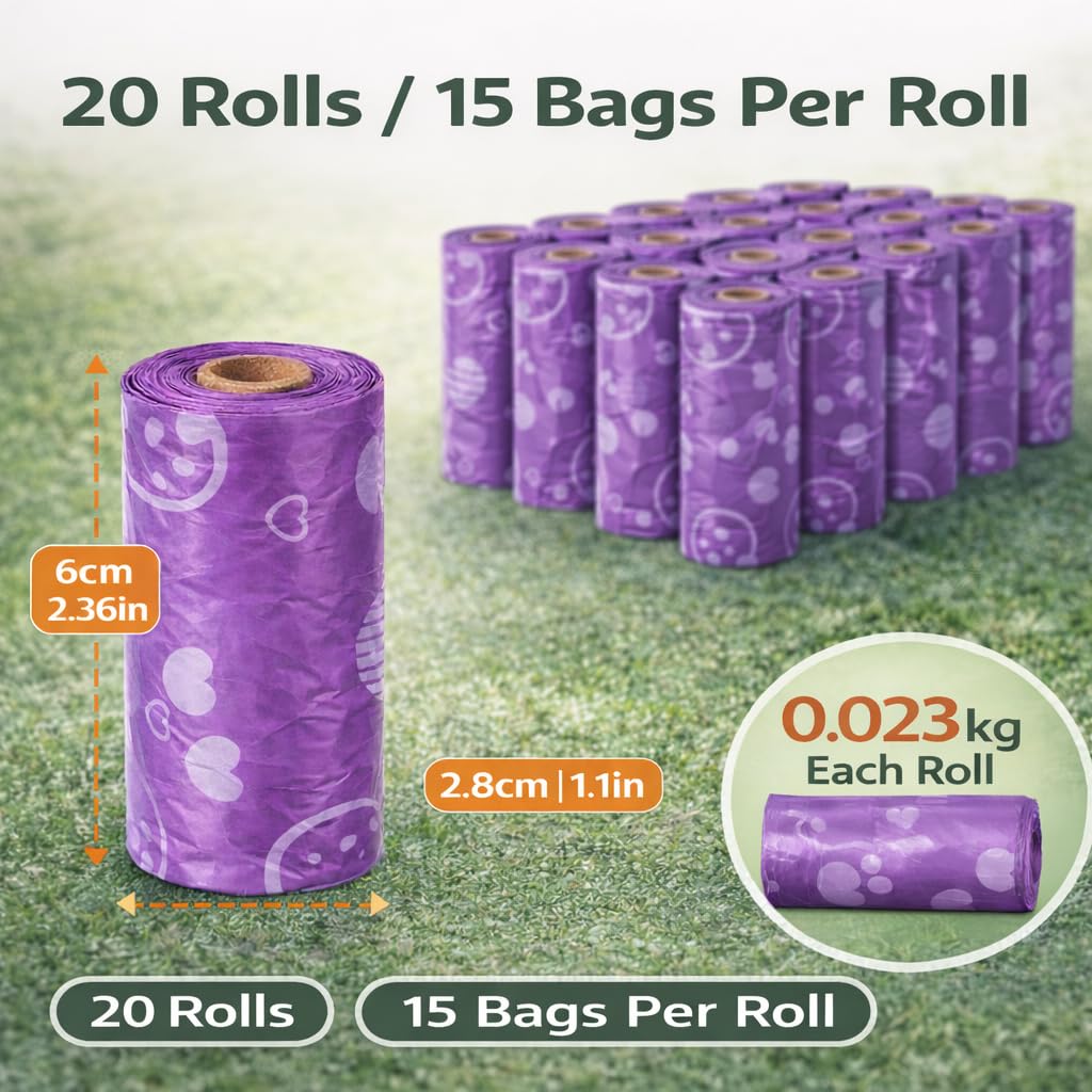 Dog Poop Bags with Dispenser – 300 Count, Leak-Proof, Strawberry Scented, Large Size for All Dogs, Biodegradable & Durable (Purple) - Image 6