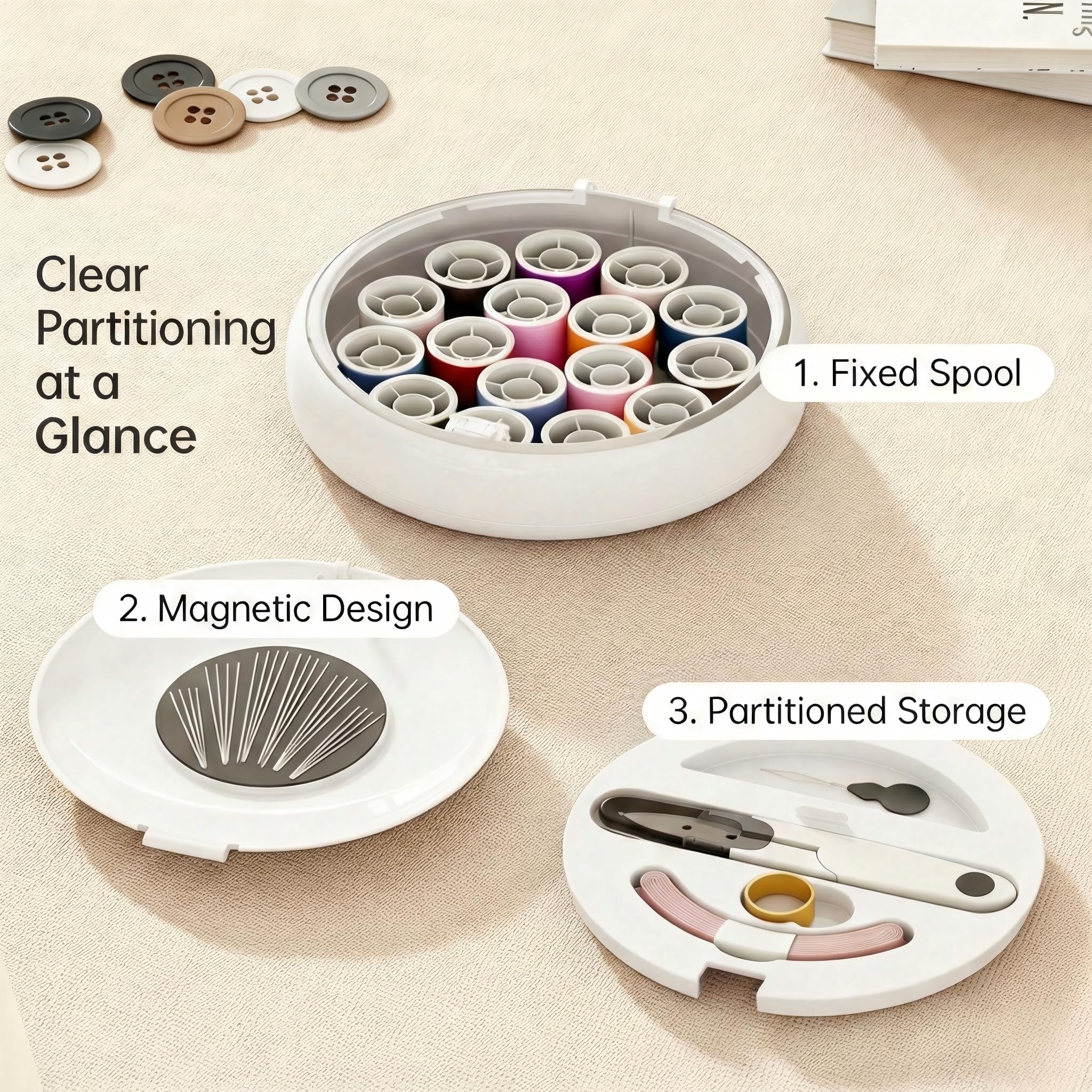 Modern Magnetic Sewing Kit – Compact Travel Sewing Box with Strong Magnetic Lid, 16-Thread Spools & Tools, Portable Needle Organizer for Home & On-the-Go Use (White) - Image 6