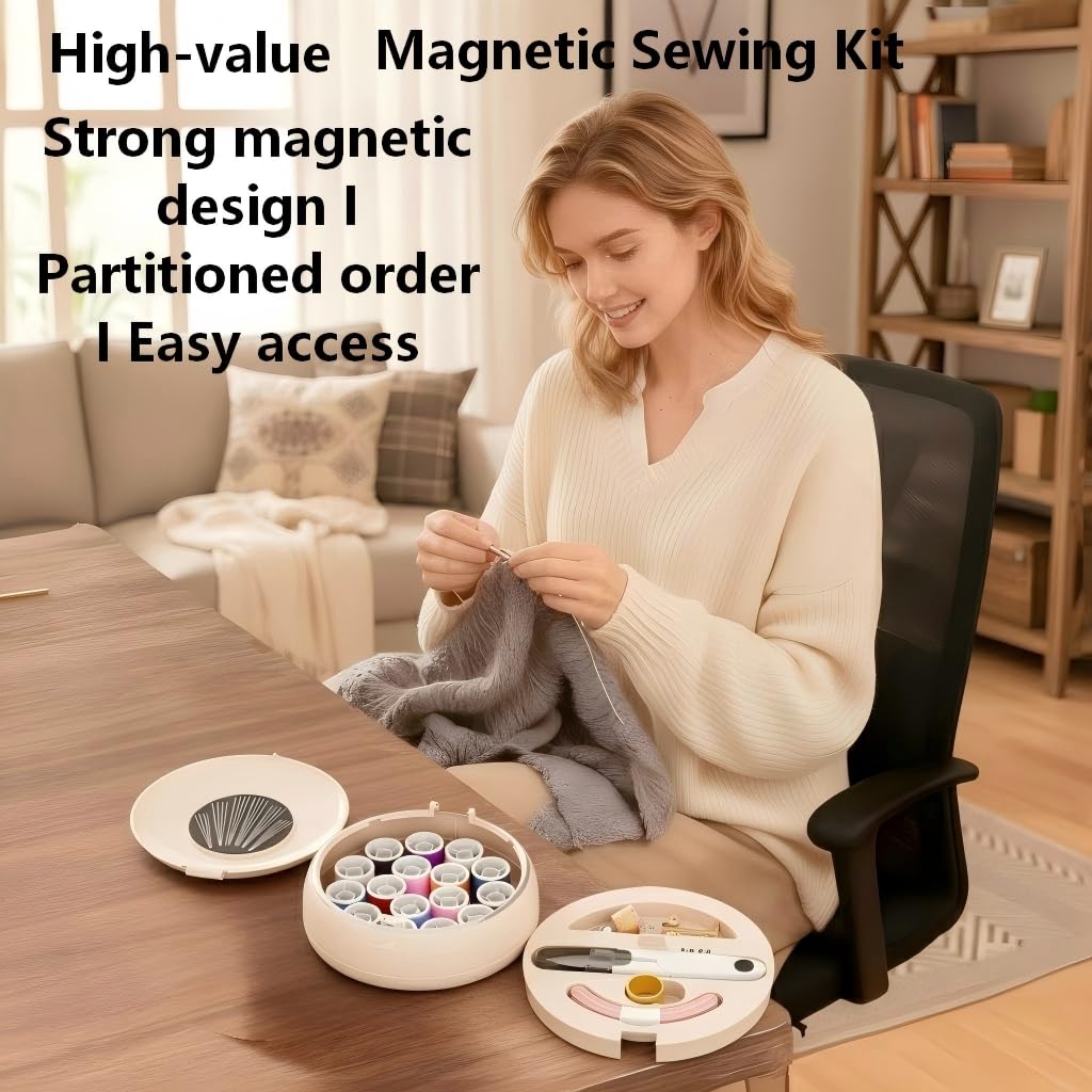 Modern Magnetic Sewing Kit – Compact Travel Sewing Box with Strong Magnetic Lid, 16-Thread Spools & Tools, Portable Needle Organizer for Home & On-the-Go Use (Beige) - Image 3