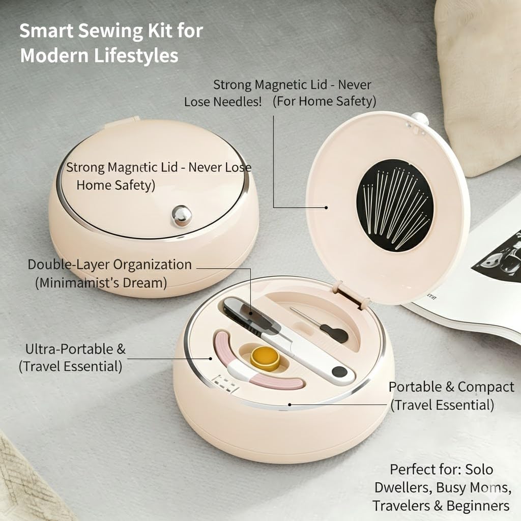 Modern Magnetic Sewing Kit – Compact Travel Sewing Box with Strong Magnetic Lid, 16-Thread Spools & Tools, Portable Needle Organizer for Home & On-the-Go Use (Beige) - Image 5