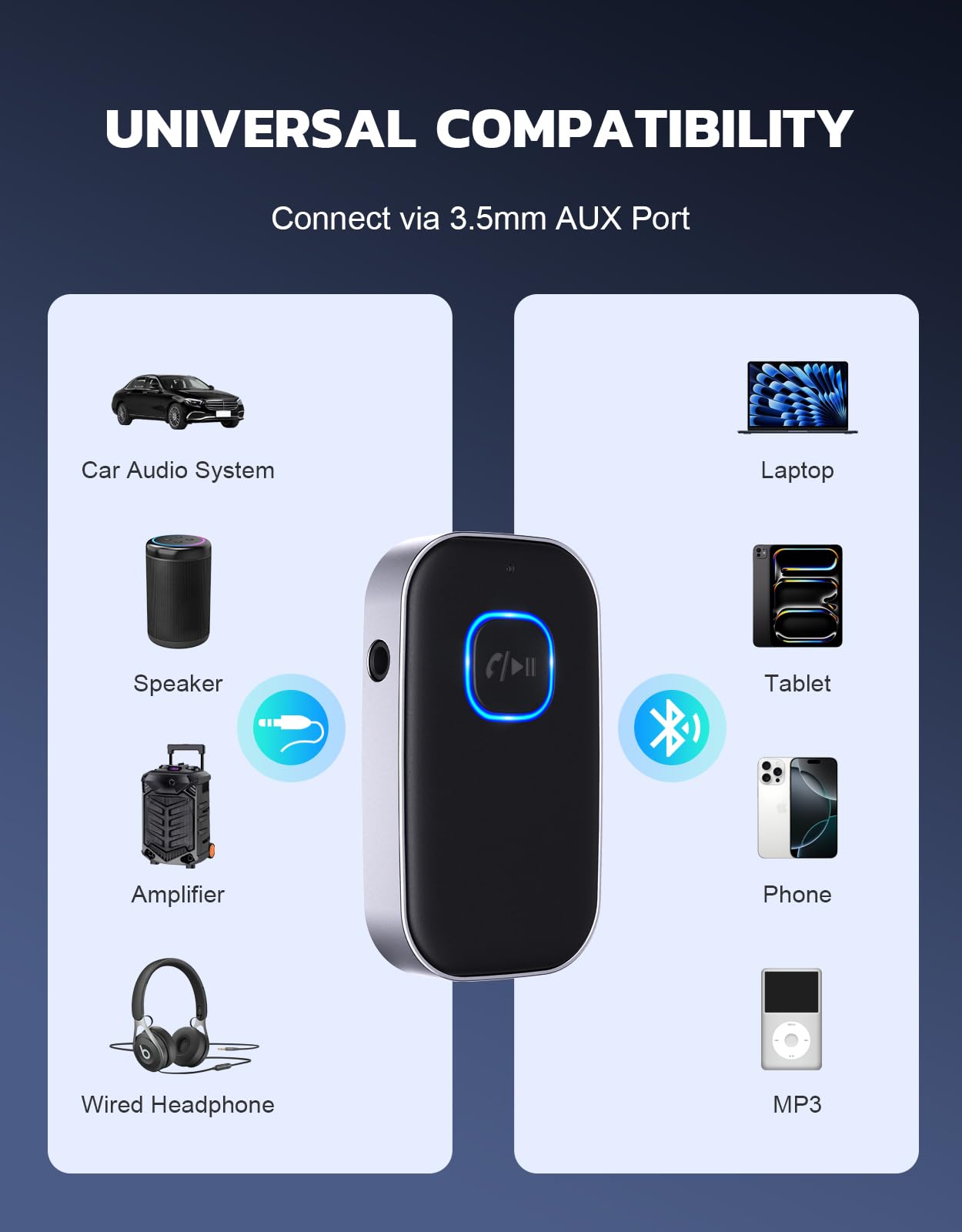 Bluetooth 5.3 Audio Receiver with Mic – Wireless AUX Adapter for Car Stereo, Speakers & Headphones, CVC8.0 Noise Cancellation, Dual Pairing, 16H Battery (Black) - Image 2