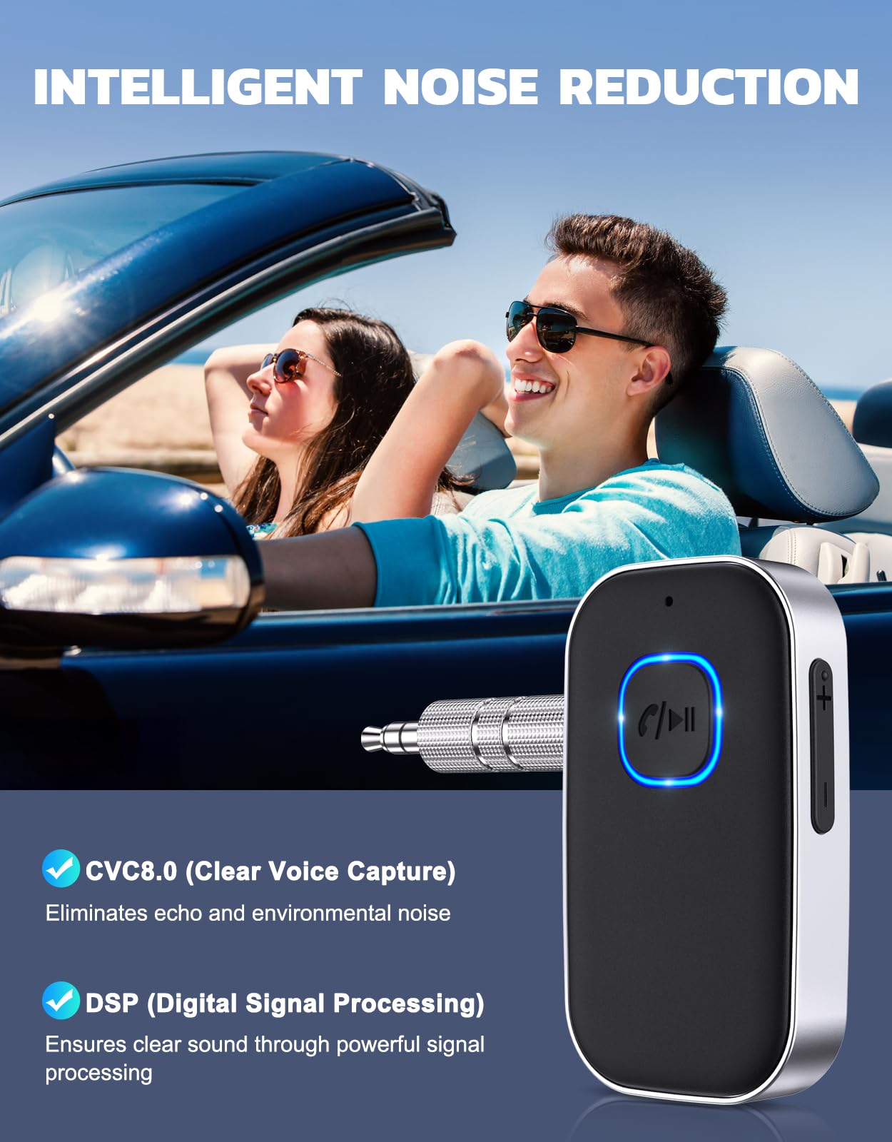Bluetooth 5.3 Audio Receiver with Mic – Wireless AUX Adapter for Car Stereo, Speakers & Headphones, CVC8.0 Noise Cancellation, Dual Pairing, 16H Battery (Black) - Image 4