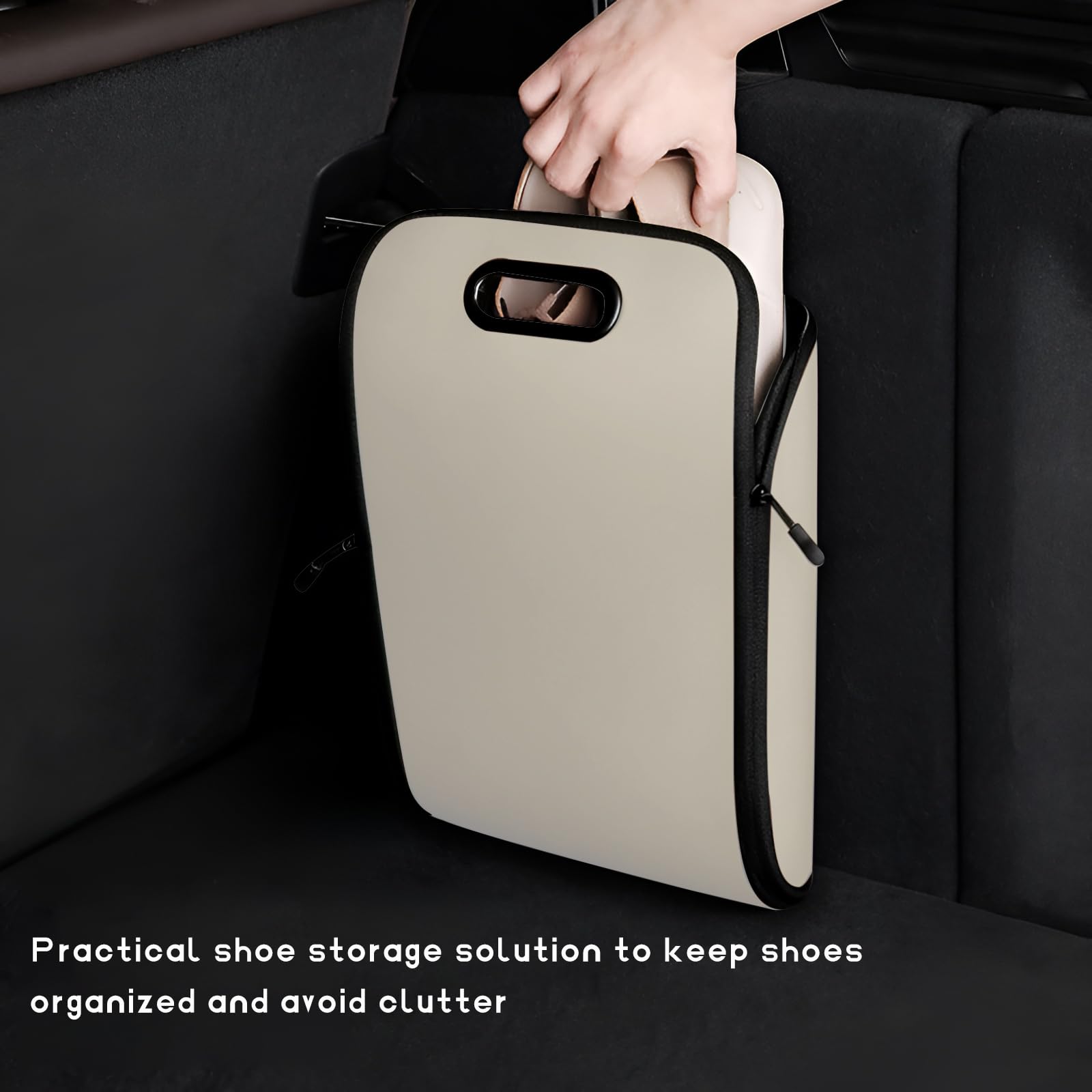 Car Shoe Storage Box – Portable Leather-Look Organizer for Passenger Seat or Trunk, Dustproof and Moisture-Resistant with Zipper and Handle (Beige) - Image 4