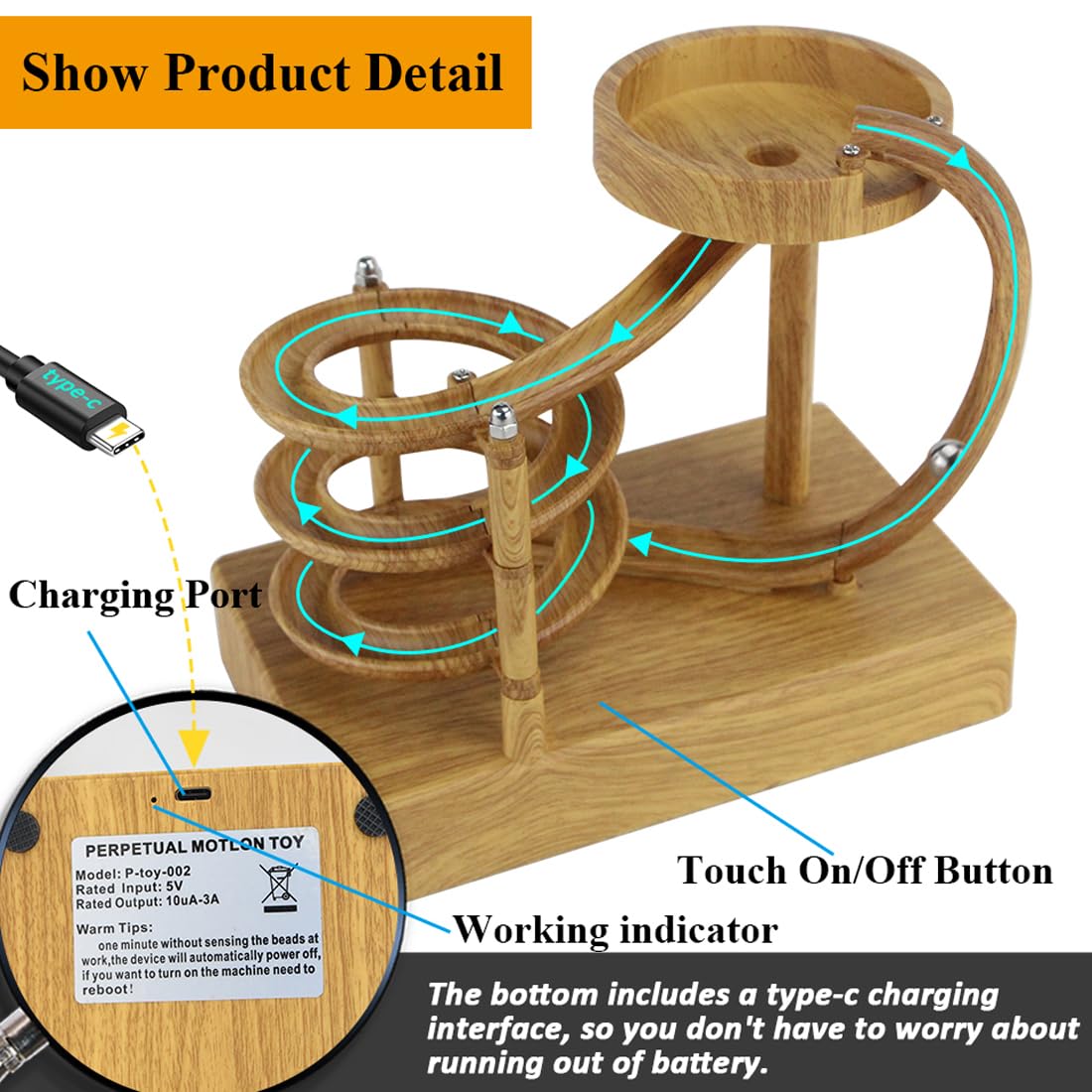 Electromagnetic Perpetual Motion Toy with Built-in Battery – Scientific Desk Decor, Stress Relief & Cat Play Item, Continuous Rolling Ball Art (Wooden) - Image 1