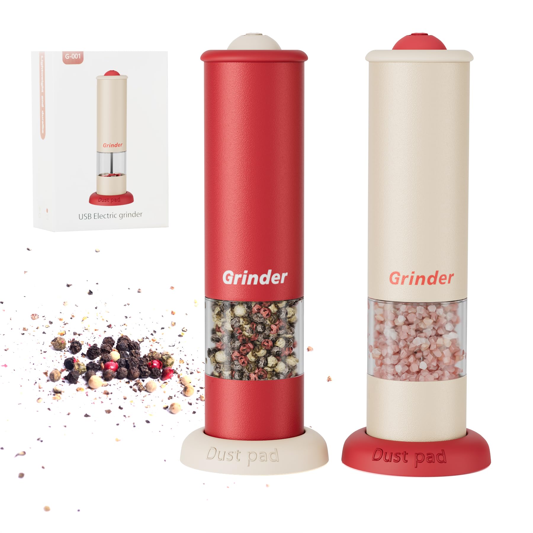 High-Performance USB-C Electric Pepper & Salt Grinder Set – Adjustable Coarseness, One-Touch Operation – Ceramic Grinding, Washable, Fast Charging – Kitchen Essential (Red & White) - Image 1