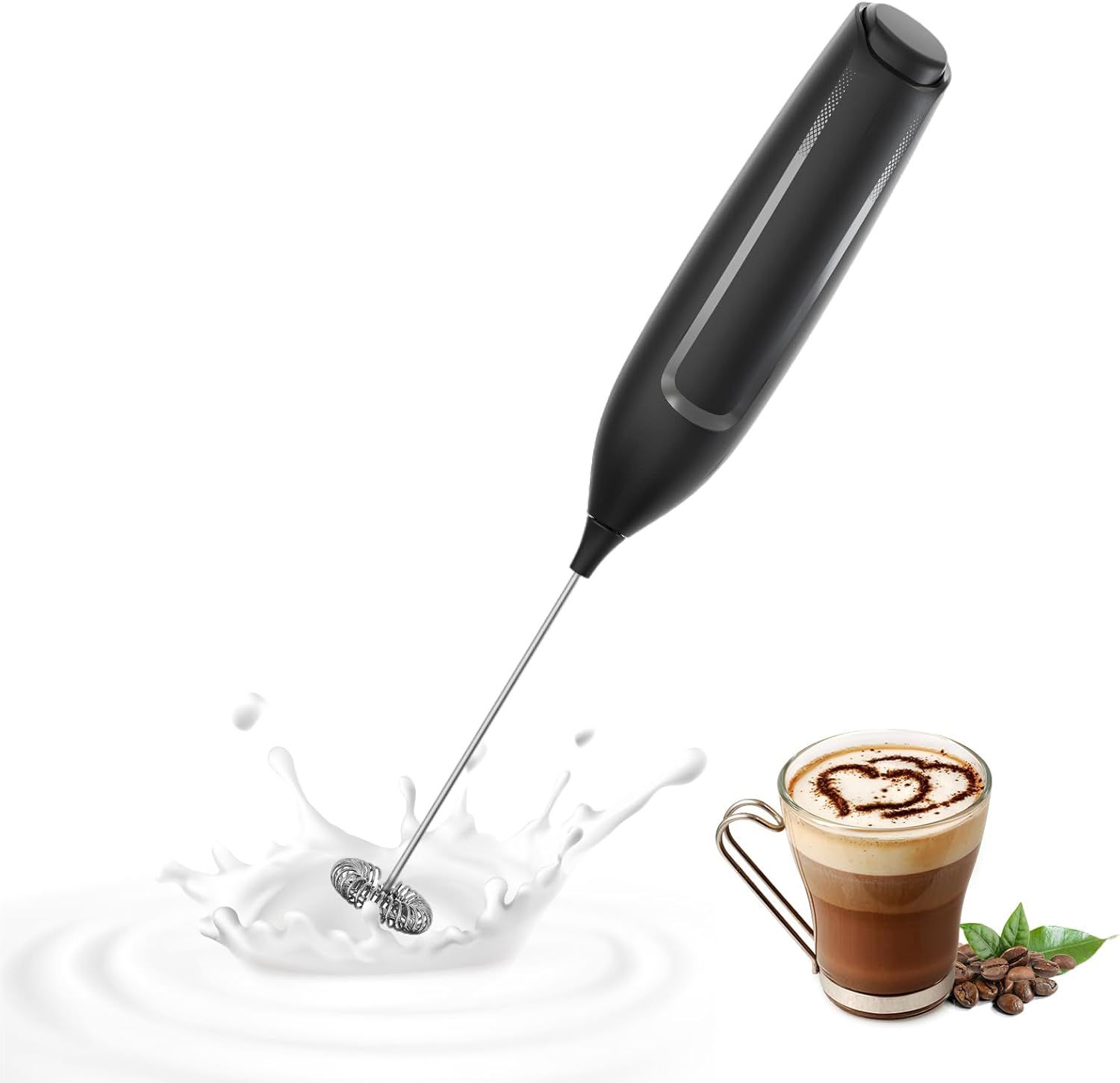 Handheld Electric Milk Frother with Stainless Steel Whisk, Push-Button Operation, Compact Design for Cappuccino, Latte, Matcha, Hot Chocolate, and Protein Drinks—Battery-Powered, Easy-Rinse Cleaning, Ideal for Home & Travel Use (Black) - Image 1