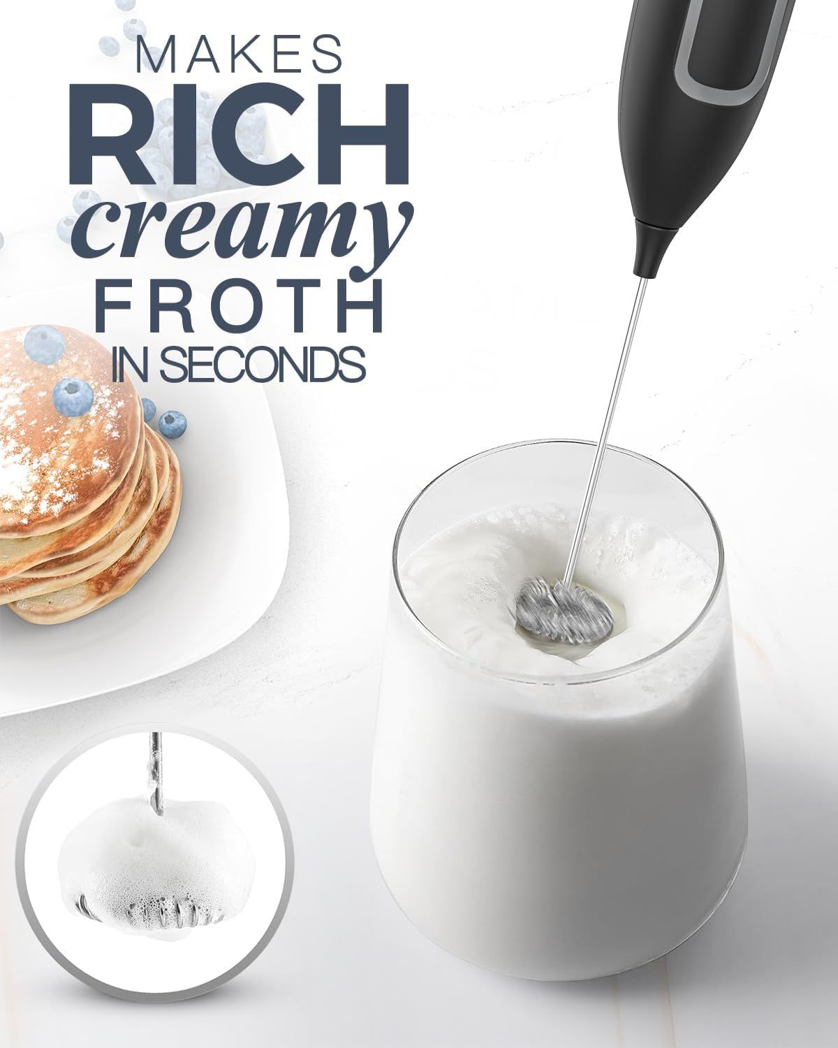 Handheld Electric Milk Frother with Stainless Steel Whisk, Push-Button Operation, Compact Design for Cappuccino, Latte, Matcha, Hot Chocolate, and Protein Drinks—Battery-Powered, Easy-Rinse Cleaning, Ideal for Home & Travel Use (Black) - Image 2