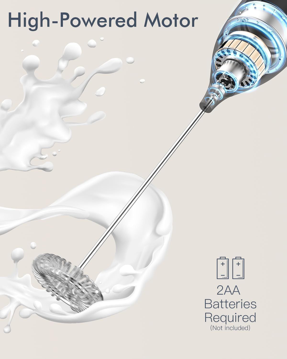 Handheld Electric Milk Frother with Stainless Steel Whisk, Push-Button Operation, Compact Design for Cappuccino, Latte, Matcha, Hot Chocolate, and Protein Drinks—Battery-Powered, Easy-Rinse Cleaning, Ideal for Home & Travel Use (Black) - Image 3