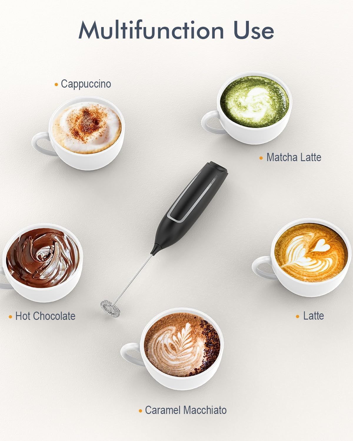 Handheld Electric Milk Frother with Stainless Steel Whisk, Push-Button Operation, Compact Design for Cappuccino, Latte, Matcha, Hot Chocolate, and Protein Drinks—Battery-Powered, Easy-Rinse Cleaning, Ideal for Home & Travel Use (Black) - Image 4