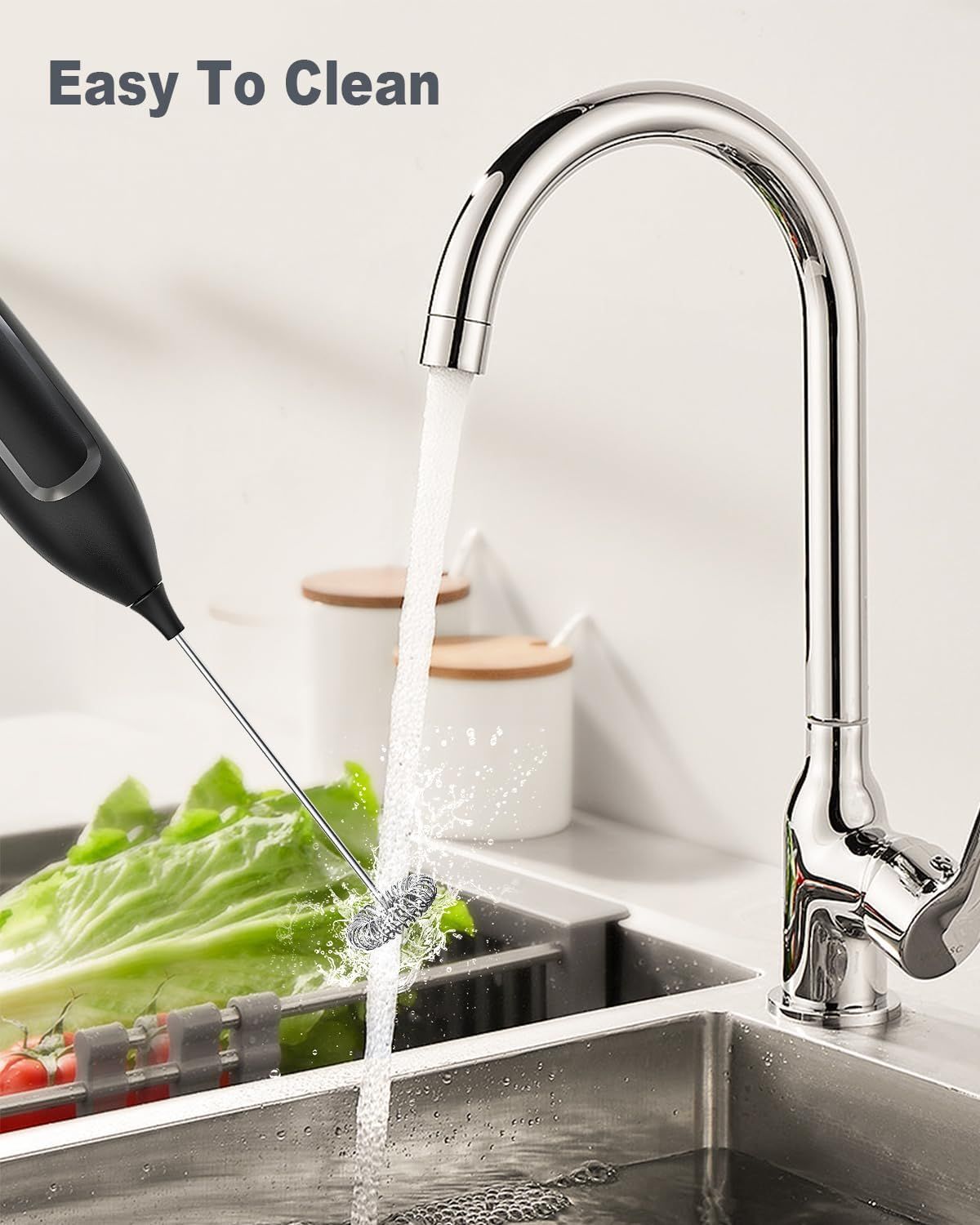 Handheld Electric Milk Frother with Stainless Steel Whisk, Push-Button Operation, Compact Design for Cappuccino, Latte, Matcha, Hot Chocolate, and Protein Drinks—Battery-Powered, Easy-Rinse Cleaning, Ideal for Home & Travel Use (Black) - Image 5