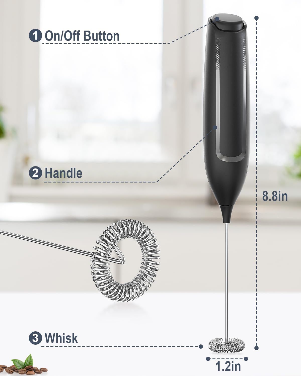 Handheld Electric Milk Frother with Stainless Steel Whisk, Push-Button Operation, Compact Design for Cappuccino, Latte, Matcha, Hot Chocolate, and Protein Drinks—Battery-Powered, Easy-Rinse Cleaning, Ideal for Home & Travel Use (Black) - Image 6