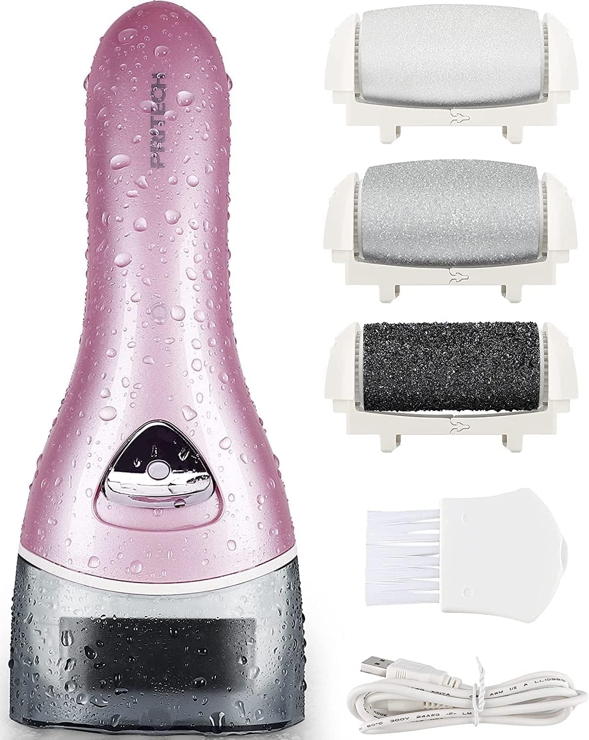 Electric Foot File Rechargeable Pedicure Tool – 3 Interchangeable Rollers (Fine, Regular, Coarse), IPX6 Waterproof, 2-Speed Motor, LED Power Indicator, USB Charging, Includes Cleaning Brush, Compact & Quiet for Home Spa (Pink) - Image 1