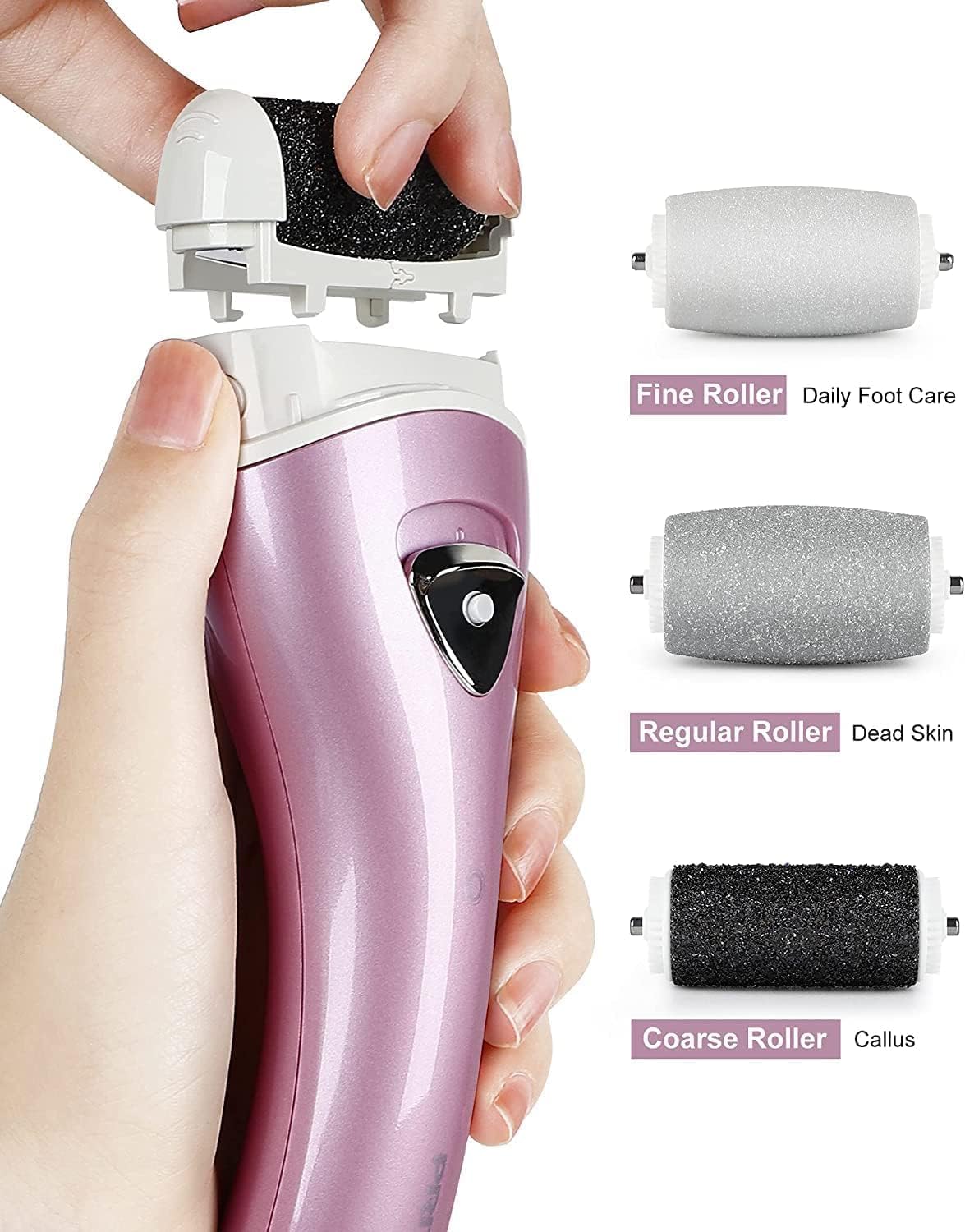Electric Foot File Rechargeable Pedicure Tool – 3 Interchangeable Rollers (Fine, Regular, Coarse), IPX6 Waterproof, 2-Speed Motor, LED Power Indicator, USB Charging, Includes Cleaning Brush, Compact & Quiet for Home Spa (Pink) - Image 2