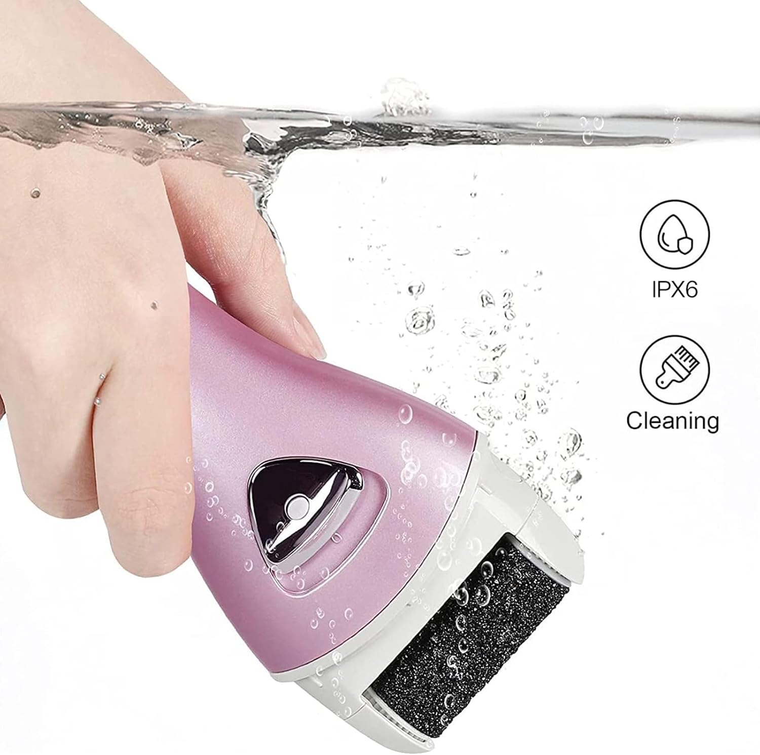 Electric Foot File Rechargeable Pedicure Tool – 3 Interchangeable Rollers (Fine, Regular, Coarse), IPX6 Waterproof, 2-Speed Motor, LED Power Indicator, USB Charging, Includes Cleaning Brush, Compact & Quiet for Home Spa (Pink) - Image 3