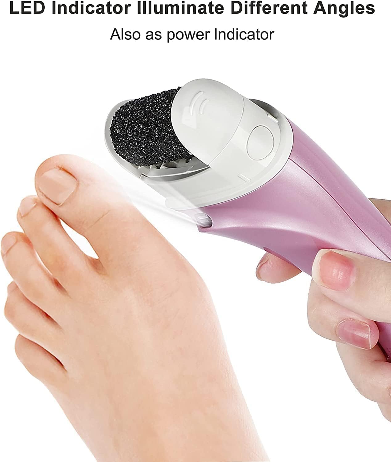 Electric Foot File Rechargeable Pedicure Tool – 3 Interchangeable Rollers (Fine, Regular, Coarse), IPX6 Waterproof, 2-Speed Motor, LED Power Indicator, USB Charging, Includes Cleaning Brush, Compact & Quiet for Home Spa (Pink) - Image 4