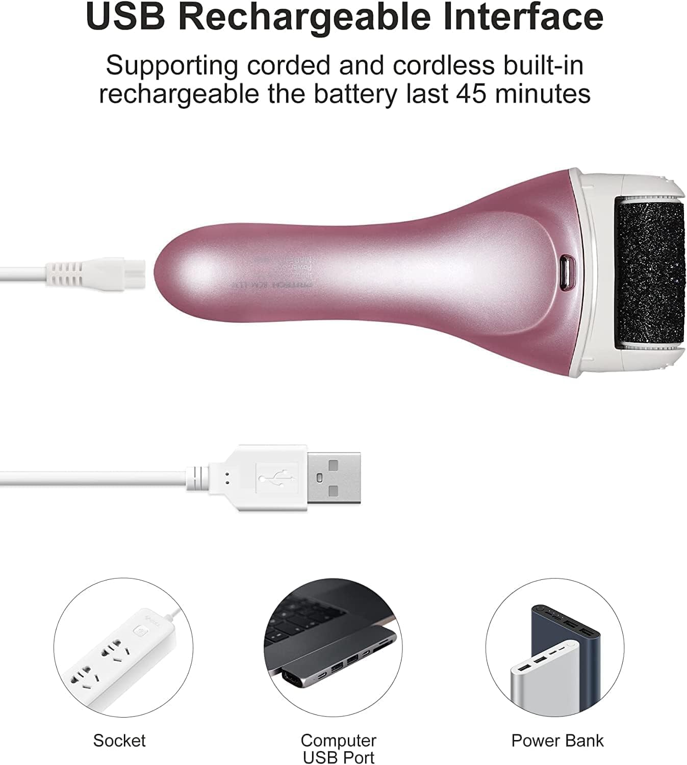 Electric Foot File Rechargeable Pedicure Tool – 3 Interchangeable Rollers (Fine, Regular, Coarse), IPX6 Waterproof, 2-Speed Motor, LED Power Indicator, USB Charging, Includes Cleaning Brush, Compact & Quiet for Home Spa (Pink) - Image 5