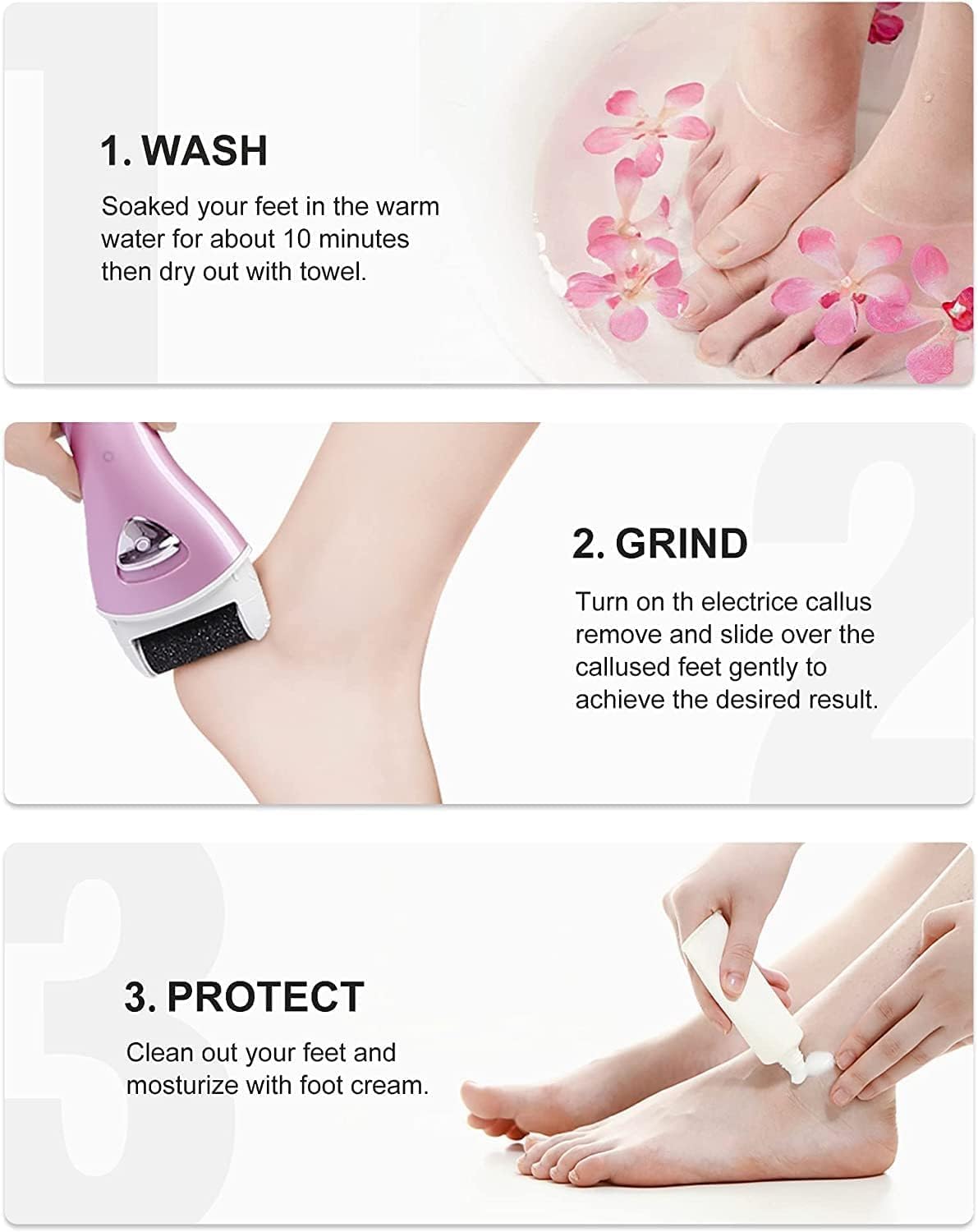 Electric Foot File Rechargeable Pedicure Tool – 3 Interchangeable Rollers (Fine, Regular, Coarse), IPX6 Waterproof, 2-Speed Motor, LED Power Indicator, USB Charging, Includes Cleaning Brush, Compact & Quiet for Home Spa (Pink) - Image 7