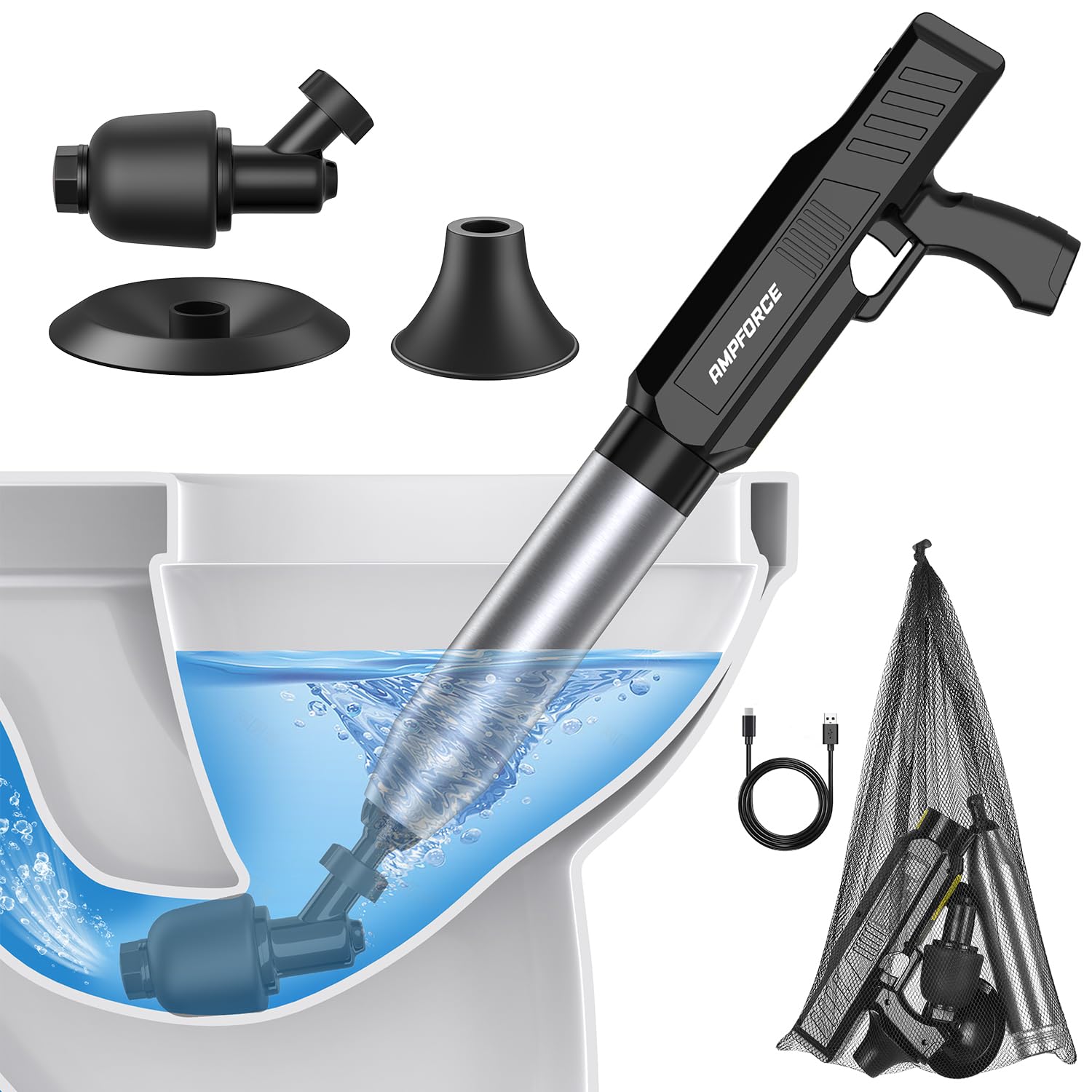 Electric Toilet Plunger with TurboPlunge Technology – Cordless High-Pressure Drain Cleaner, Multi-Head Unclogger, 120° Anti-Splash Design (Black) - Image 1